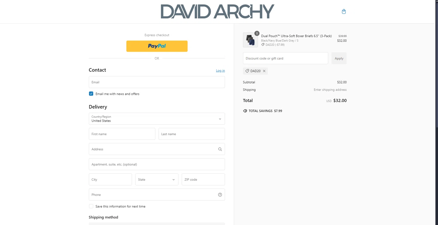 David Archy discount code screenshot showing code DAD20 applied at David Archy checkout page. Uploaded by SimplyCodes community member DealScout769 on Jan 20, 2025