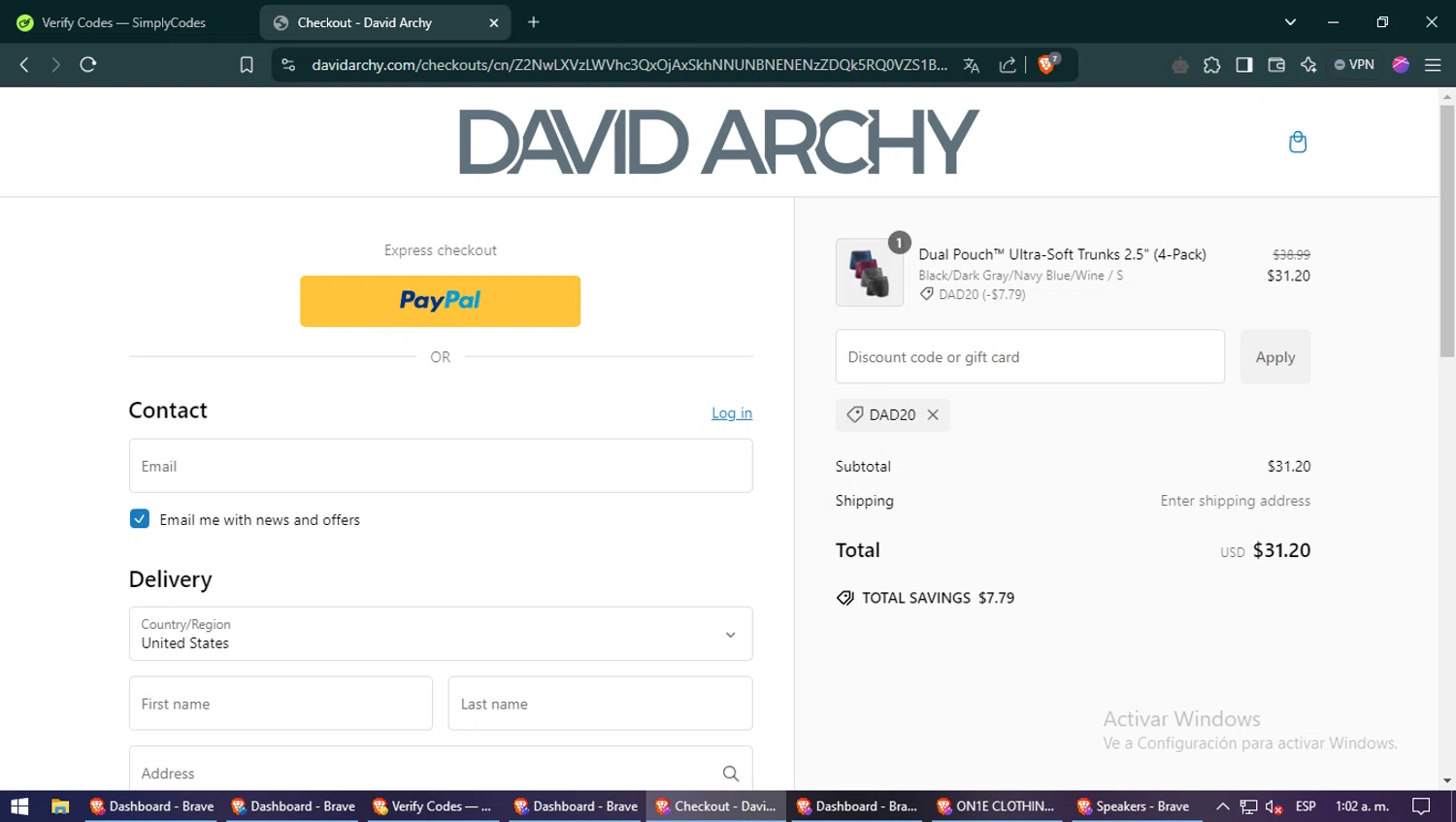 David Archy discount code screenshot showing code DAD20 applied at David Archy checkout page. Uploaded by SimplyCodes community member culillo on Jan 15, 2025