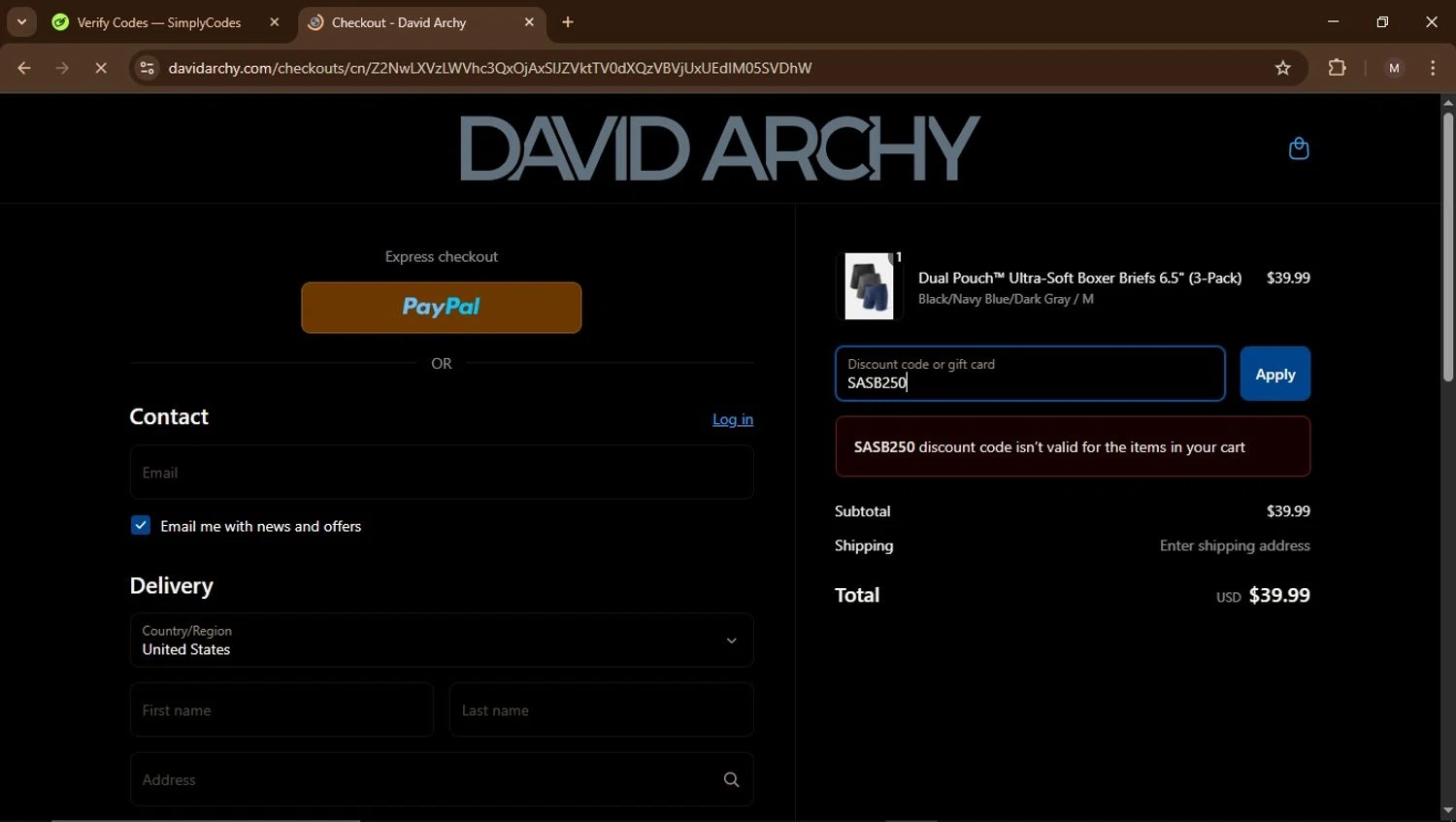 David Archy discount code screenshot showing code SASB250 applied at David Archy checkout page. Uploaded by SimplyCodes community member Carrillojose on Apr 16, 2025