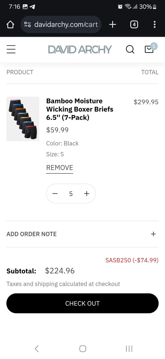 David Archy discount code screenshot showing code SASB250 applied at David Archy checkout page. Uploaded by SimplyCodes community member Jose_515 on Jun 5, 2025