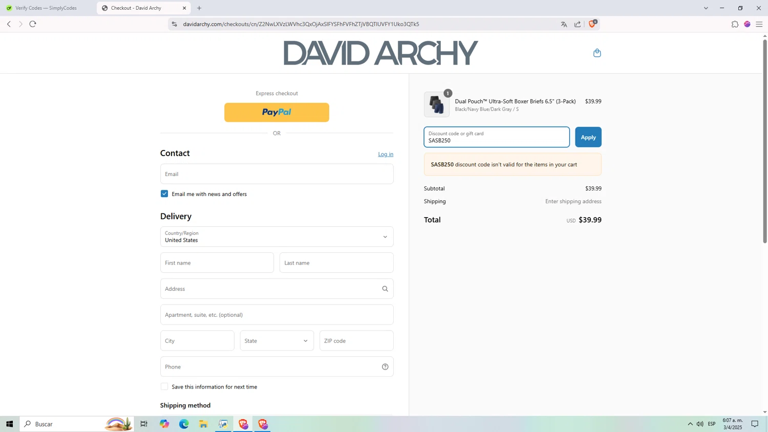 David Archy discount code screenshot showing code SASB250 applied at David Archy checkout page. Uploaded by SimplyCodes community member NARUTO_UZUMAKIsx on Apr 3, 2025