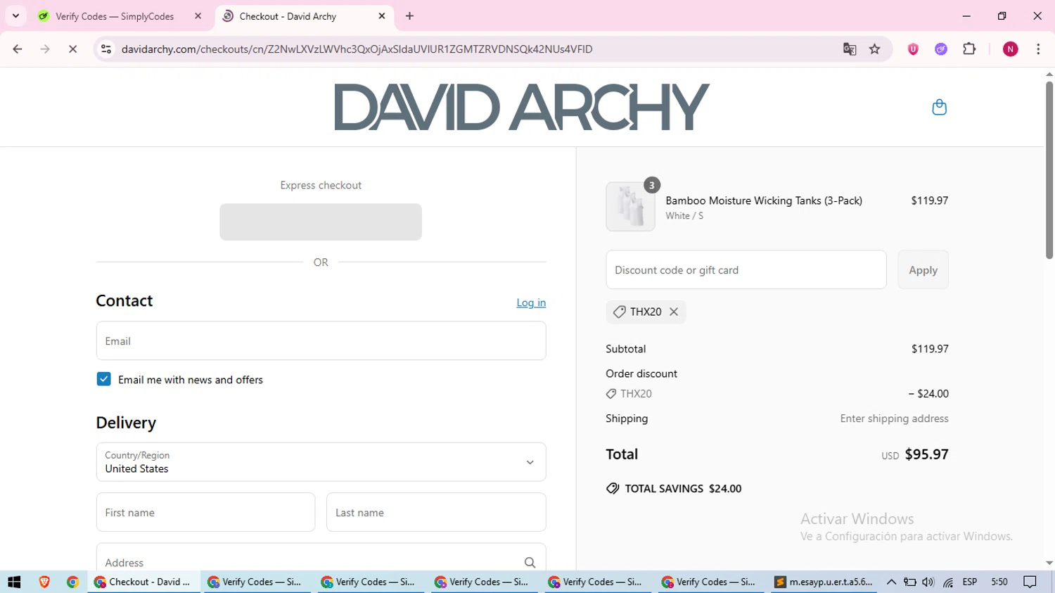 David Archy discount code screenshot showing code THX20 applied at David Archy checkout page. Uploaded by SimplyCodes community member CoinWizard8578 on Jun 5, 2025