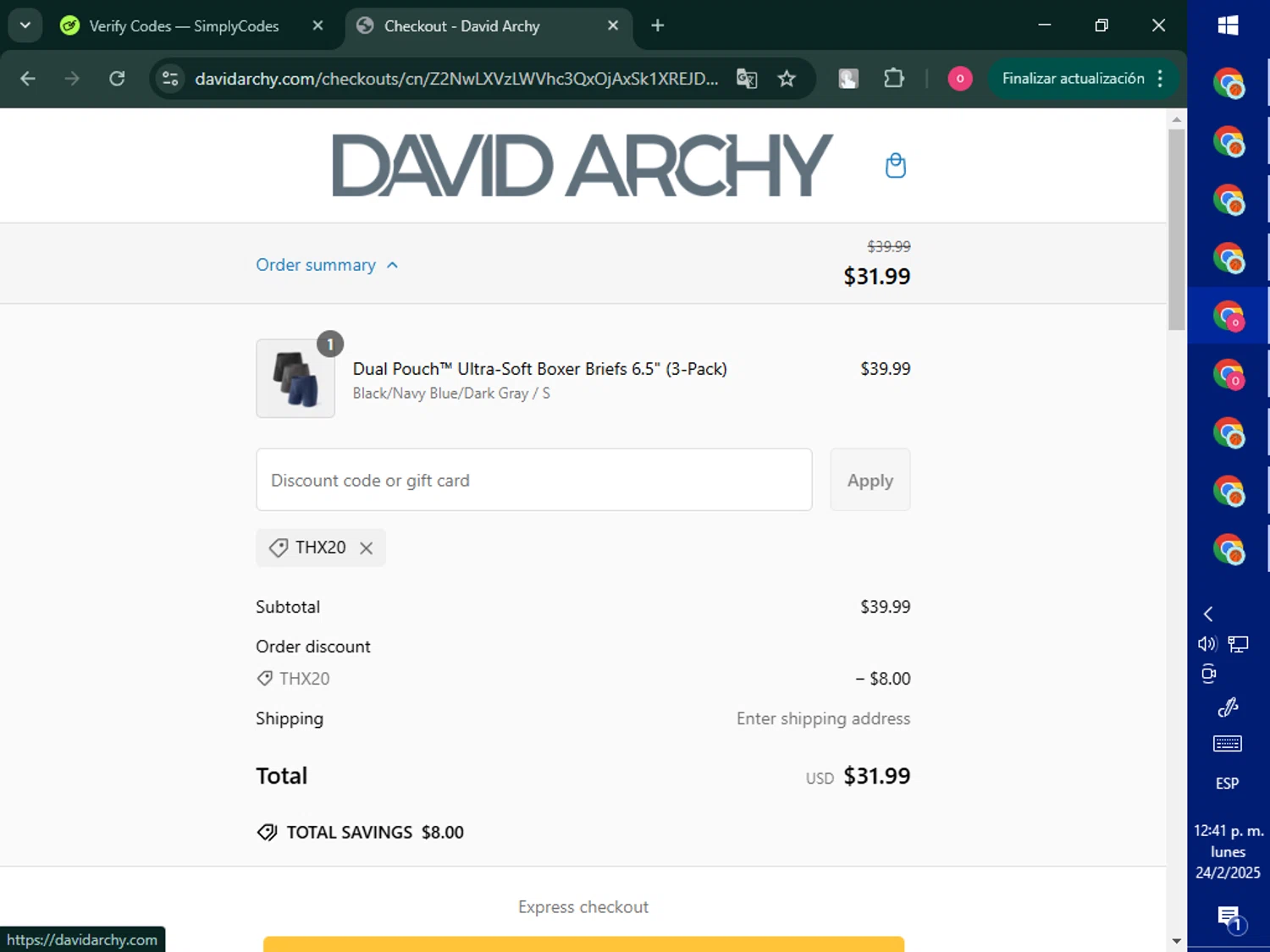 David Archy discount code screenshot showing code THX20 applied at David Archy checkout page. Uploaded by SimplyCodes community member RebateNavigator926 on Feb 24, 2025