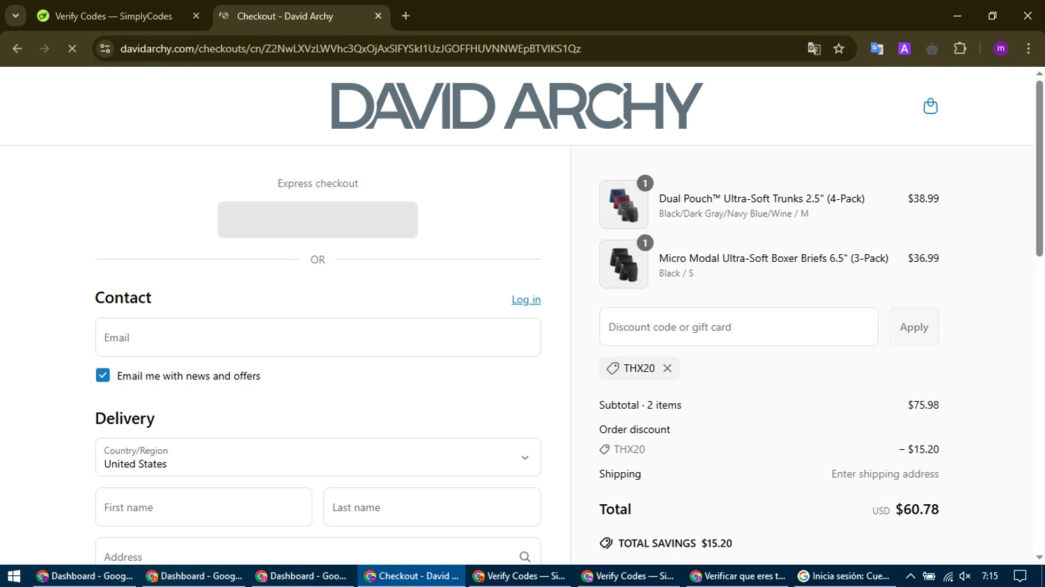David Archy discount code screenshot showing code THX20 applied at David Archy checkout page. Uploaded by SimplyCodes community member WonderHawk4272 on Apr 3, 2025