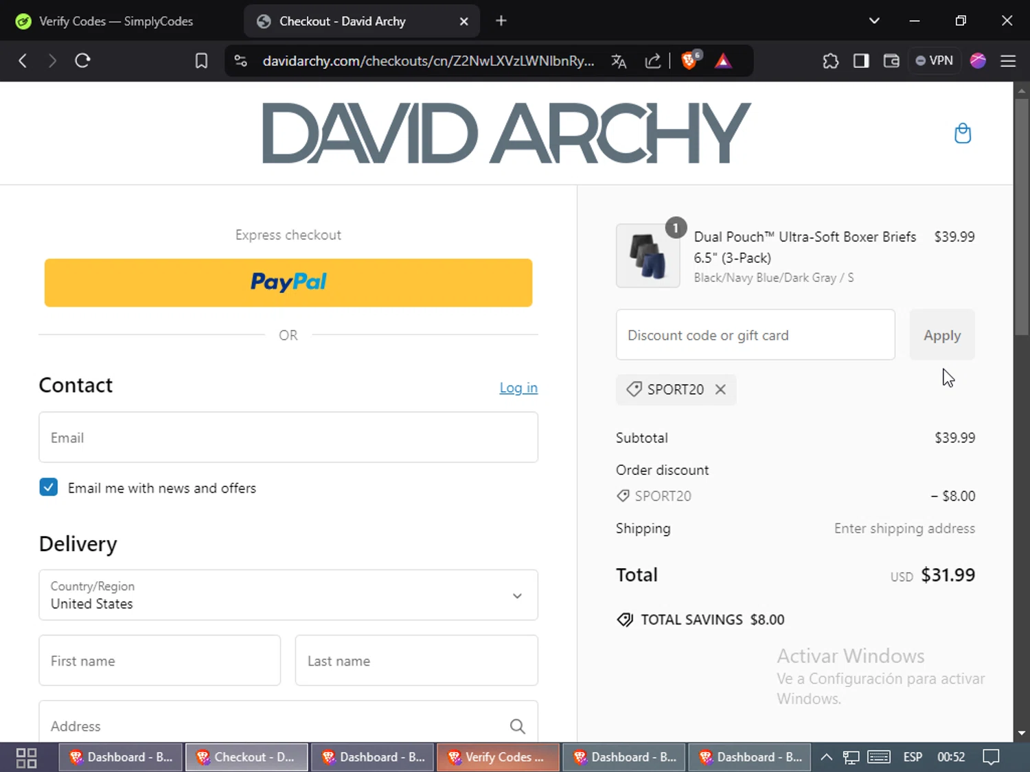 David Archy discount code screenshot showing code SPORT20 applied at David Archy checkout page. Uploaded by SimplyCodes community member Jsjsjsjsjsjsjs on Jan 15, 2025