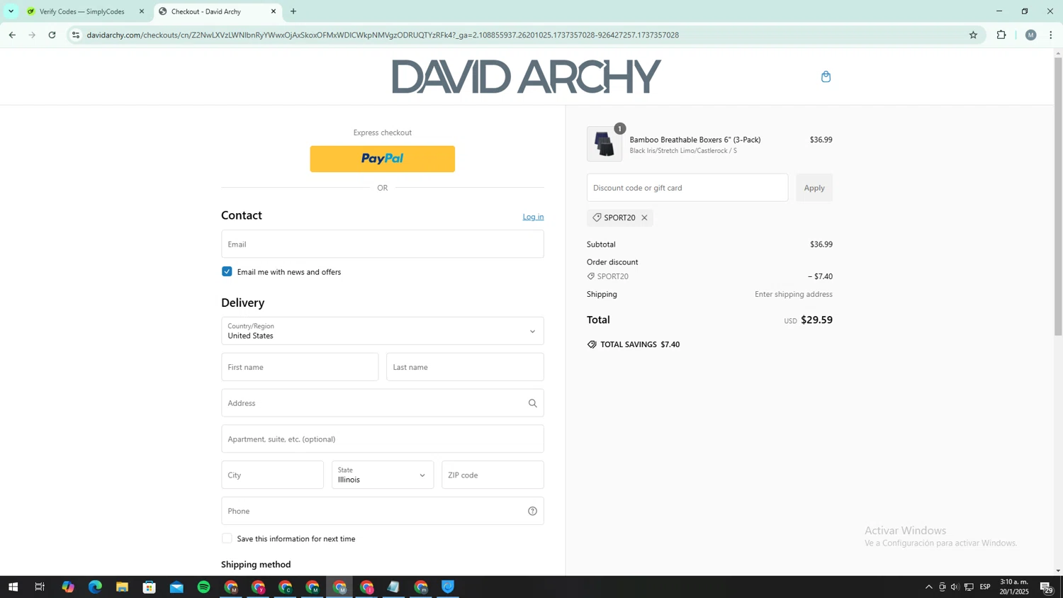 David Archy discount code screenshot showing code SPORT20 applied at David Archy checkout page. Uploaded by SimplyCodes community member AJOTAA on Jan 20, 2025