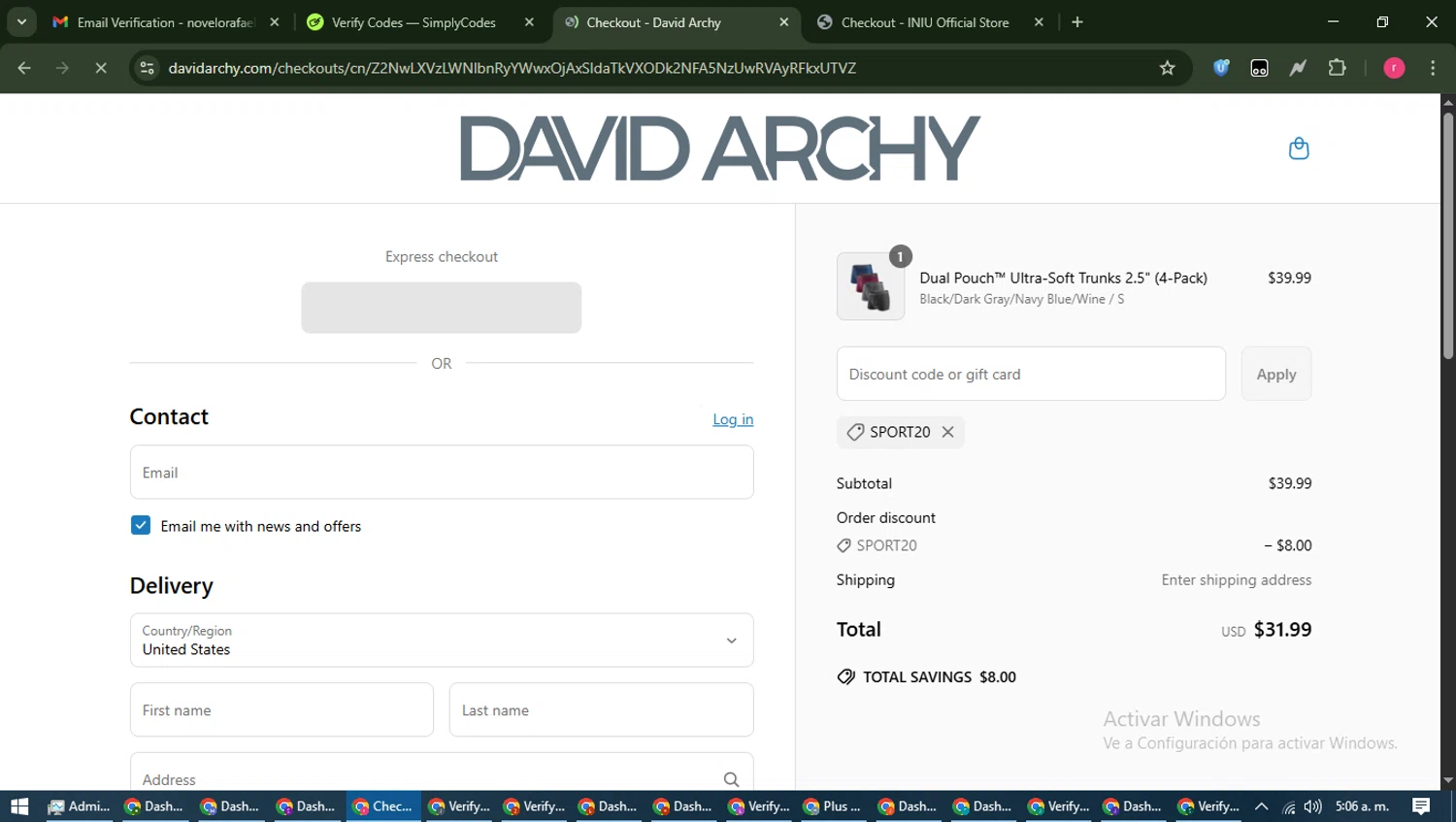 David Archy discount code screenshot showing code SPORT20 applied at David Archy checkout page. Uploaded by SimplyCodes community member WisePro3739 on Jun 5, 2025