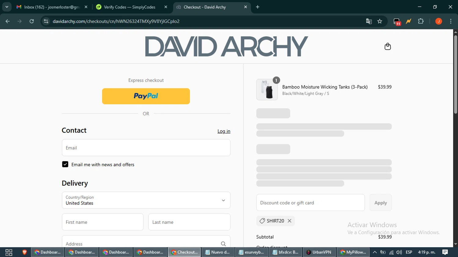 David Archy discount code screenshot showing code SHIRT20 applied at David Archy checkout page. Uploaded by SimplyCodes community member NobleAce2304 on Aug 22, 2025