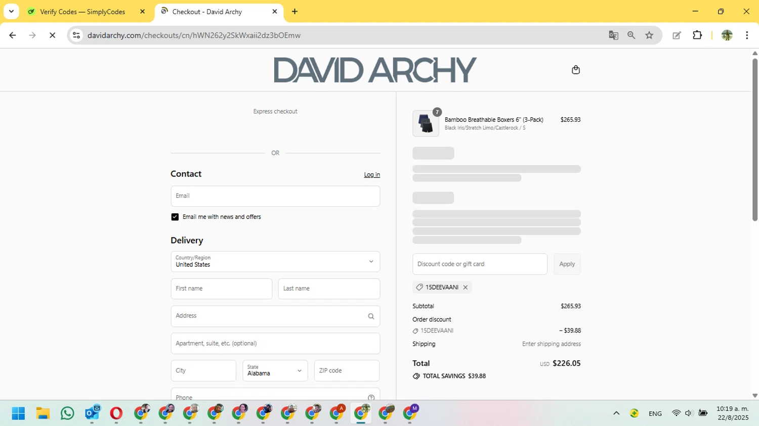 David Archy discount code screenshot showing code 15Deevaani applied at David Archy checkout page. Uploaded by SimplyCodes community member FrugalVirtuoso3584 on Aug 22, 2025