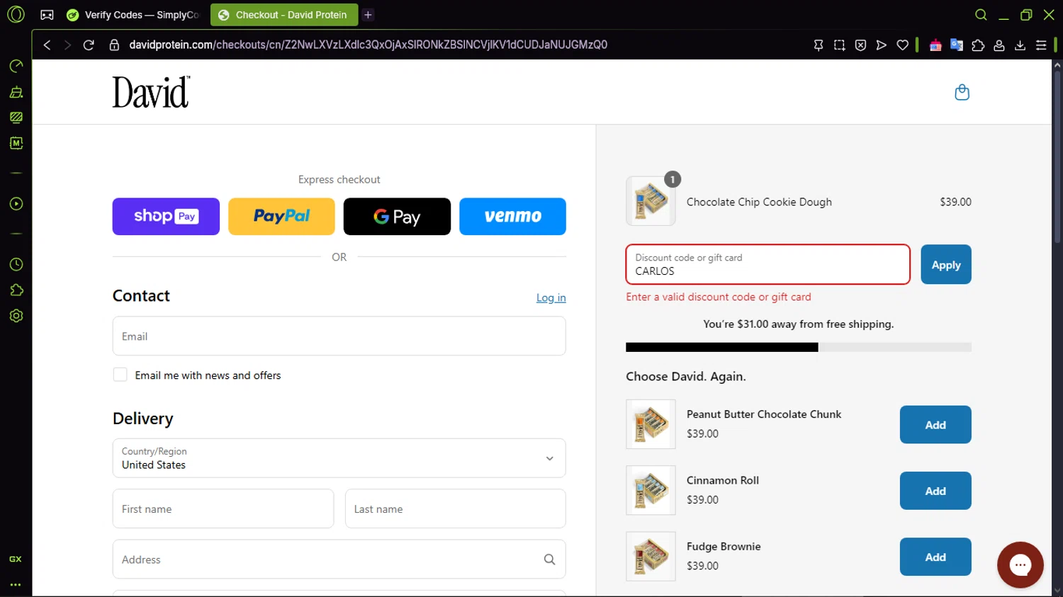 David Protein discount code screenshot showing code CARLOS applied at David Protein checkout page. Uploaded by SimplyCodes community member CleverMaven2889 on May 7, 2025