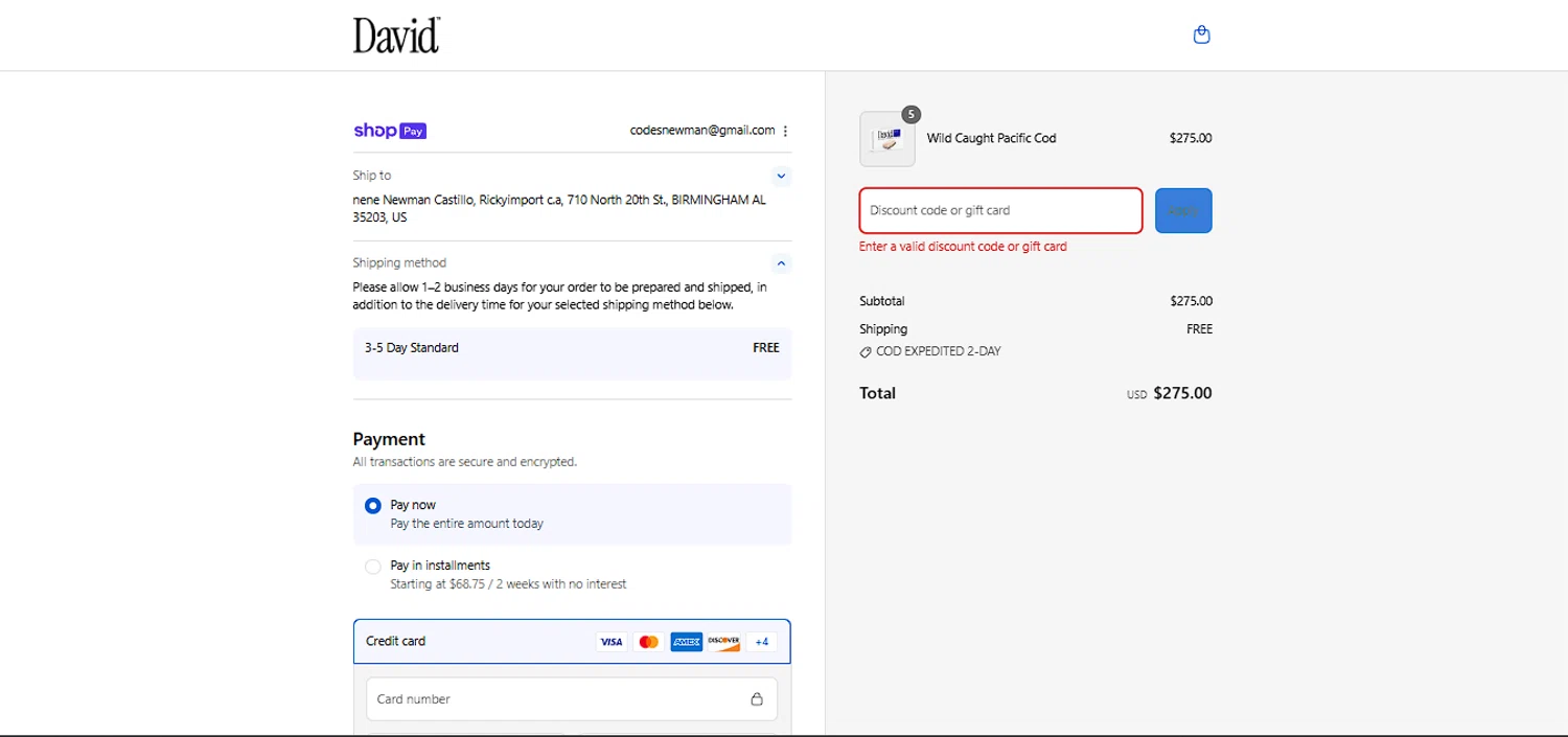 David Protein discount code screenshot showing code Alicia applied at David Protein checkout page. Uploaded by SimplyCodes community member larenacida on Aug 24, 2025