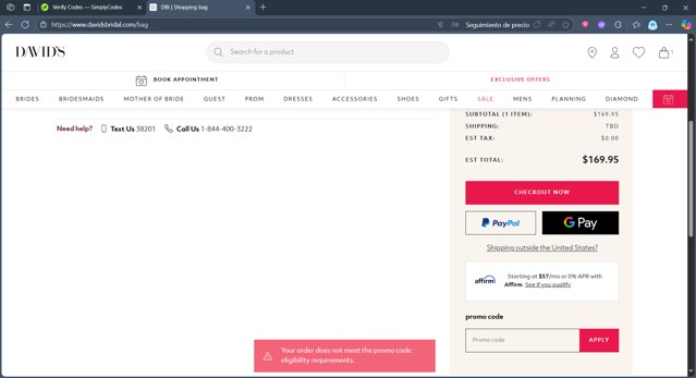David's Bridal checkout page showing David's Bridal promo code box | Screenshot taken by SimplyCodes community member on Jun 17, 2025
