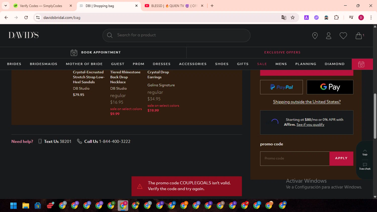 David's Bridal promo code screenshot showing code COUPLEGOALS applied at David's Bridal checkout page. Uploaded by SimplyCodes community member EpicSaver9948 on Jun 27, 2025