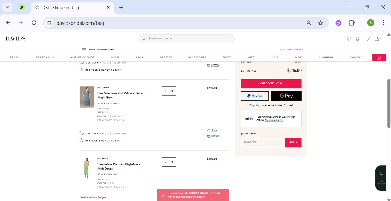David's Bridal promo code screenshot showing code COUPLEGOALS applied at David's Bridal checkout page. Uploaded by SimplyCodes community member ExtraordinarySeeker9807 on Jun 27, 2025