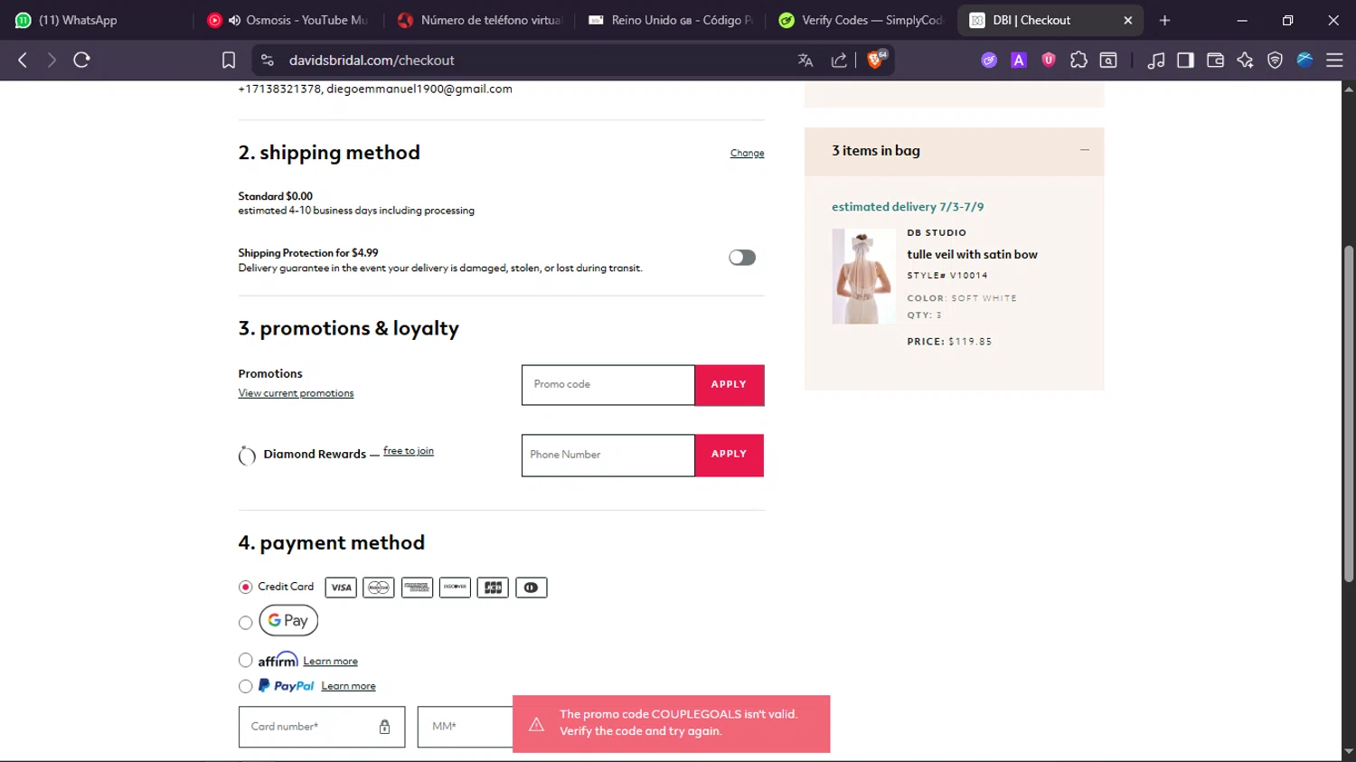 David's Bridal promo code screenshot showing code COUPLEGOALS applied at David's Bridal checkout page. Uploaded by SimplyCodes community member SavingsWhiz9509 on Jun 27, 2025