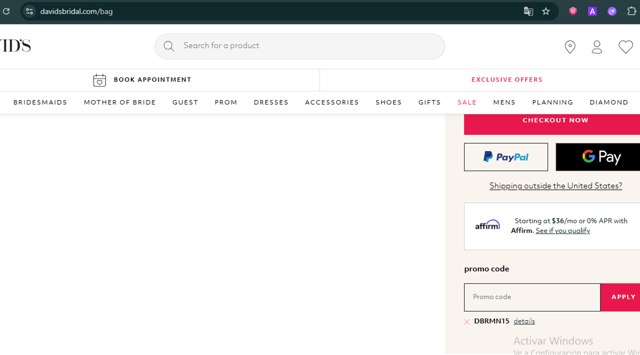 David's Bridal checkout page showing David's Bridal promo code box | Screenshot taken by SimplyCodes community member on Jul 16, 2025