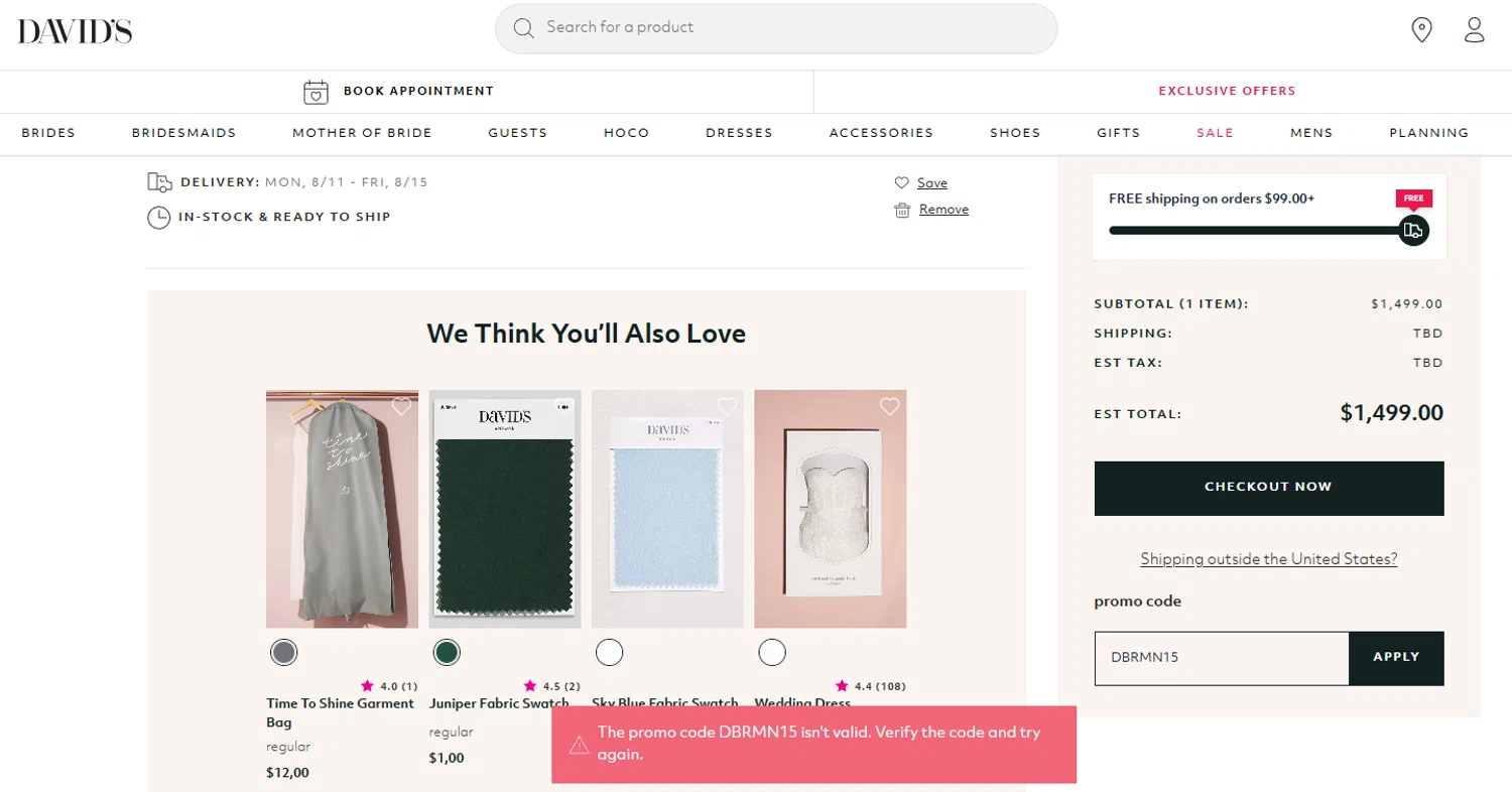 David's Bridal promo code screenshot showing code DBRMN15 applied at David's Bridal checkout page. Uploaded by SimplyCodes community member luismarin on Aug 5, 2025