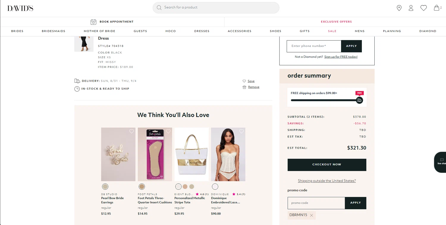 David's Bridal promo code screenshot showing code DBRMN15 applied at David's Bridal checkout page. Uploaded by SimplyCodes community member suppahdealz on Aug 23, 2025