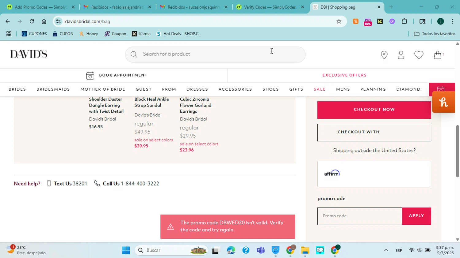 David's Bridal promo code screenshot showing code DBWED20 applied at David's Bridal checkout page. Uploaded by SimplyCodes community member ABHF23 on Jul 10, 2025
