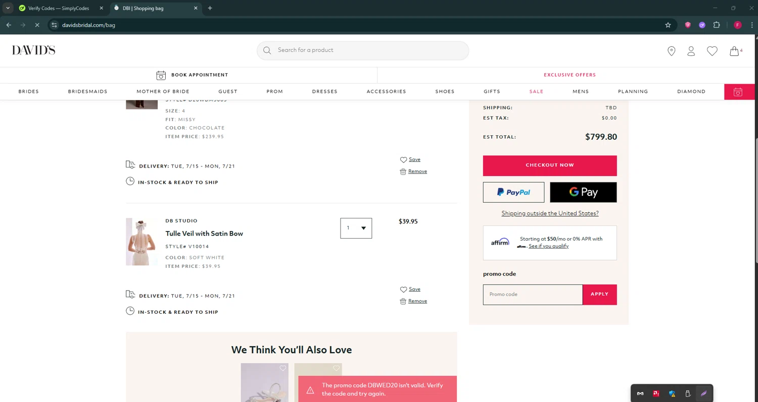 David's Bridal promo code screenshot showing code DBWED20 applied at David's Bridal checkout page. Uploaded by SimplyCodes community member ExtraordinaryVirtuoso281 on Jul 10, 2025