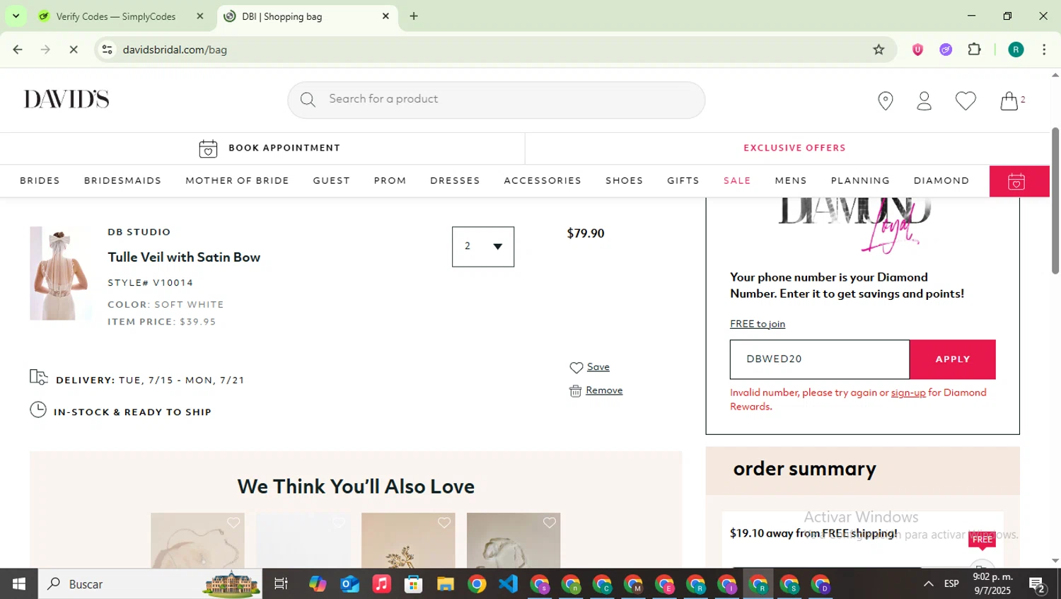 David's Bridal promo code screenshot showing code DBWED20 applied at David's Bridal checkout page. Uploaded by SimplyCodes community member SavingsLegend387 on Jul 10, 2025