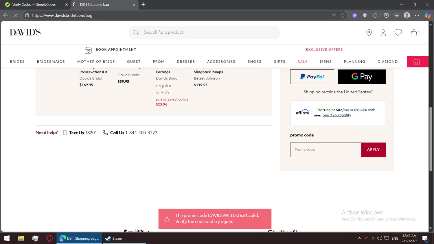 David's Bridal promo code screenshot showing code DAVIDSWED20 applied at David's Bridal checkout page. Uploaded by SimplyCodes community member BorgeZzz on Jul 17, 2025
