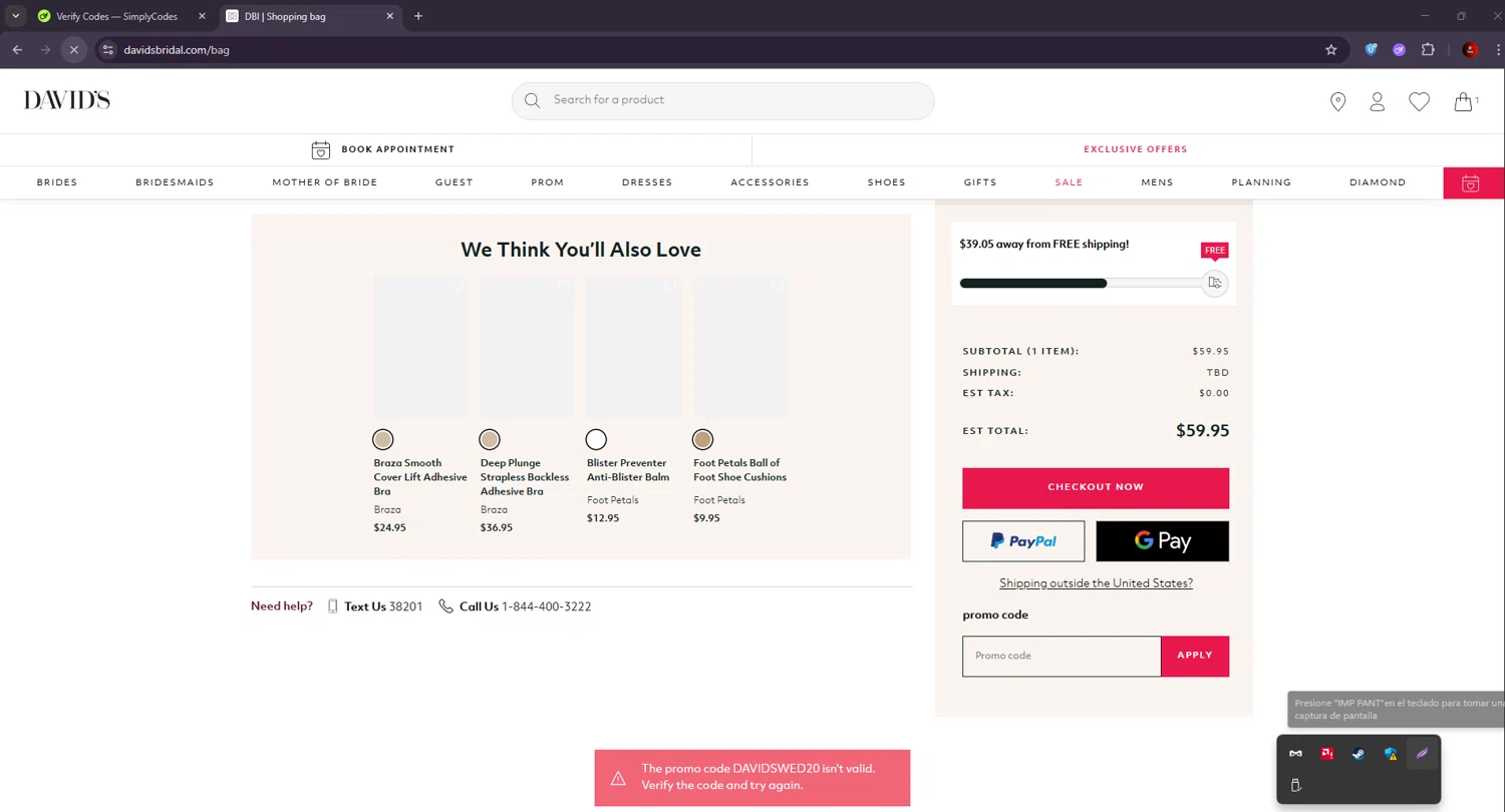 David's Bridal promo code screenshot showing code DAVIDSWED20 applied at David's Bridal checkout page. Uploaded by SimplyCodes community member BrilliantSaver7516 on Jul 17, 2025