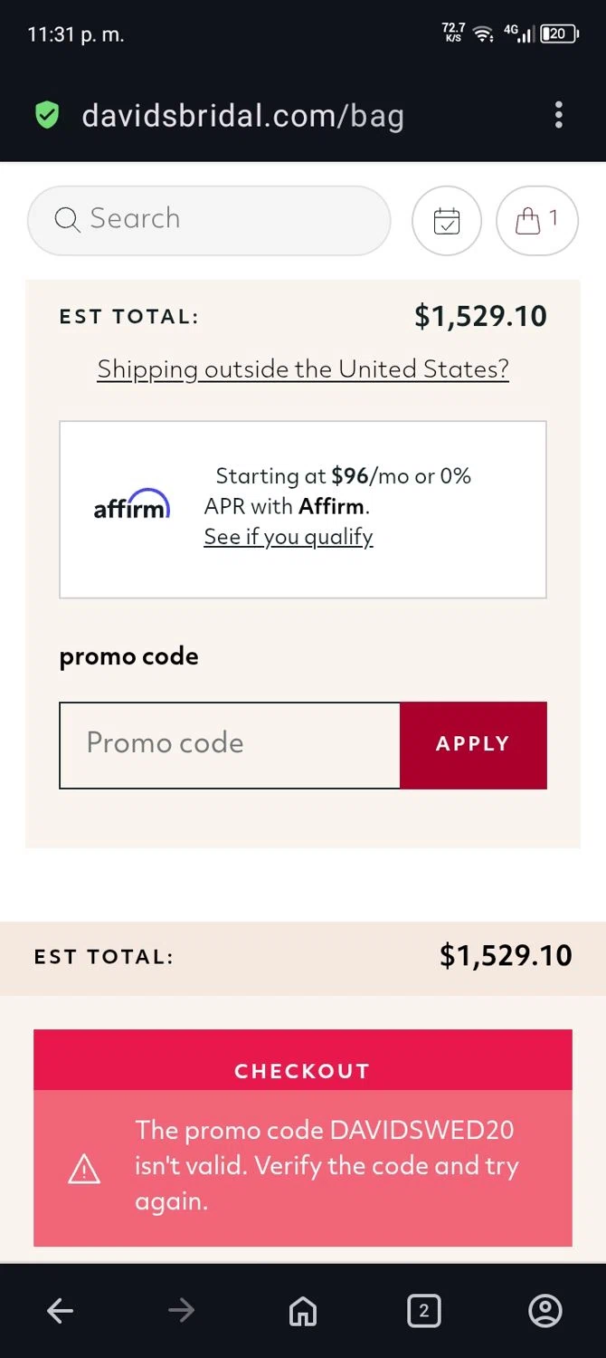 David's Bridal promo code screenshot showing code DAVIDSWED20 applied at David's Bridal checkout page. Uploaded by SimplyCodes community member terricameron on Jul 17, 2025