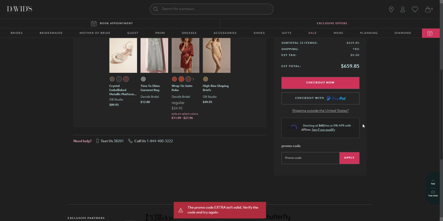 David's Bridal promo code screenshot showing code EXTRA applied at David's Bridal checkout page. Uploaded by SimplyCodes community member Hei201 on Jul 18, 2025