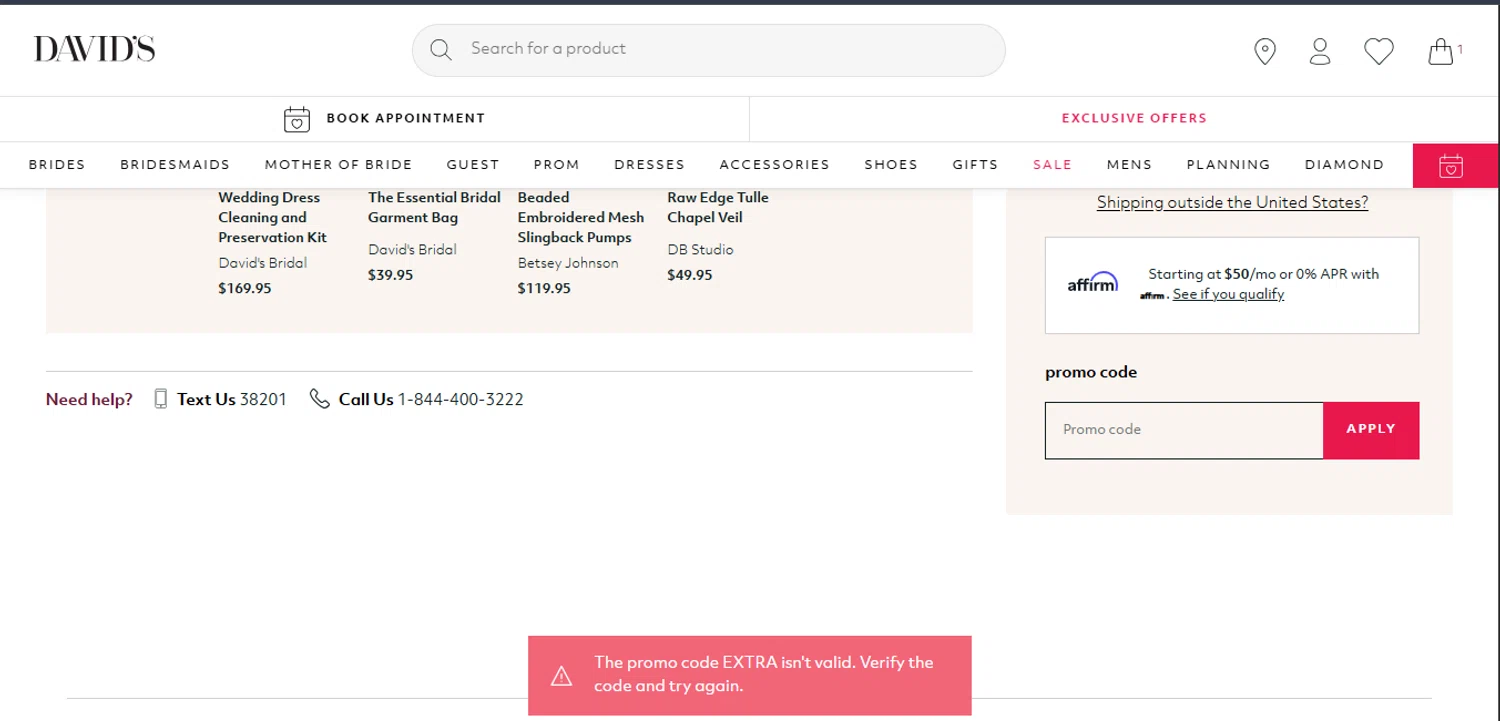David's Bridal promo code screenshot showing code EXTRA applied at David's Bridal checkout page. Uploaded by SimplyCodes community member PennySage5996 on Jul 18, 2025