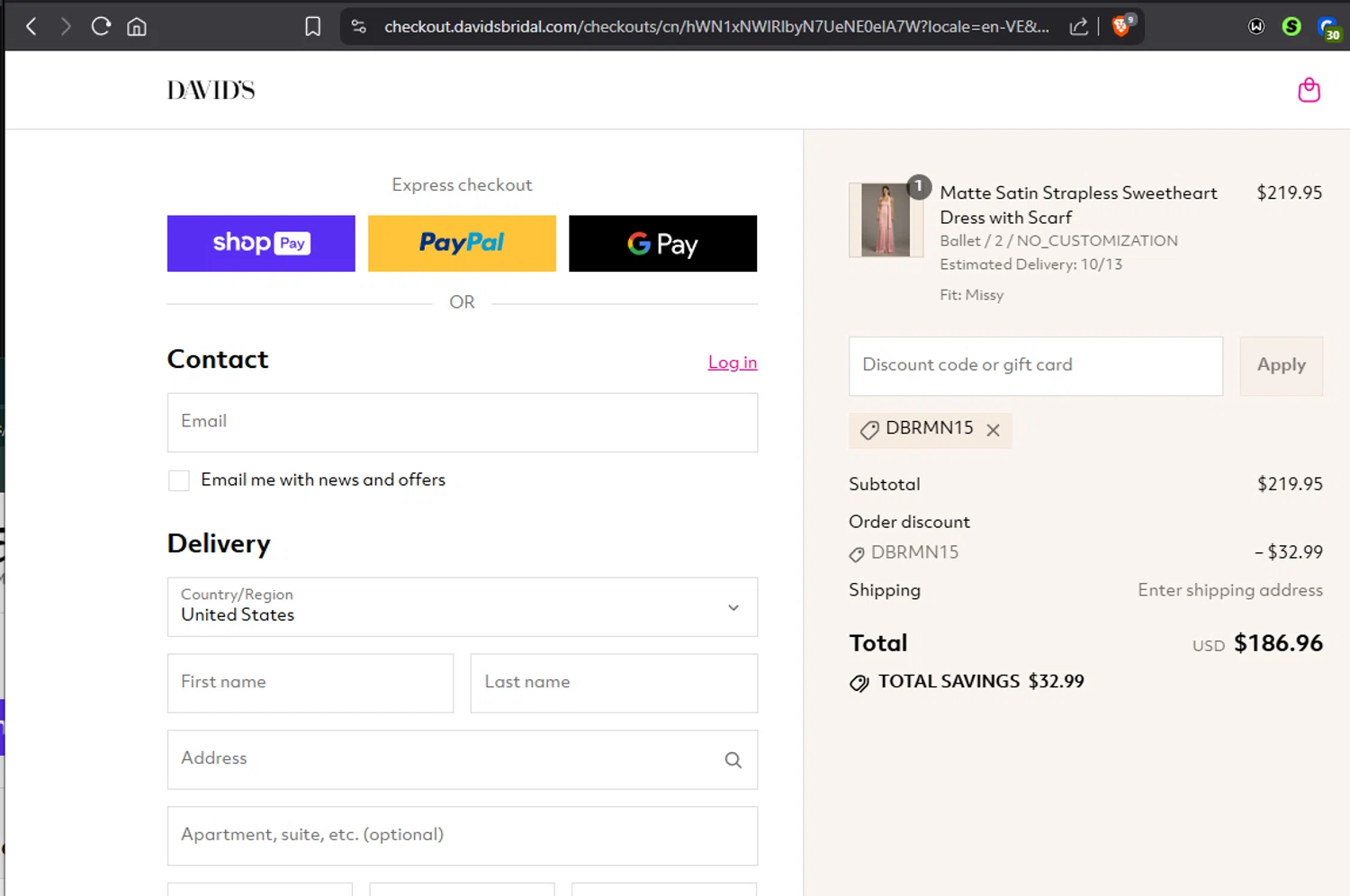 David's Bridal promo code screenshot showing code DBRMN15 applied at David's Bridal checkout page. Uploaded by SimplyCodes community member Jmhernand1 on Aug 22, 2025
