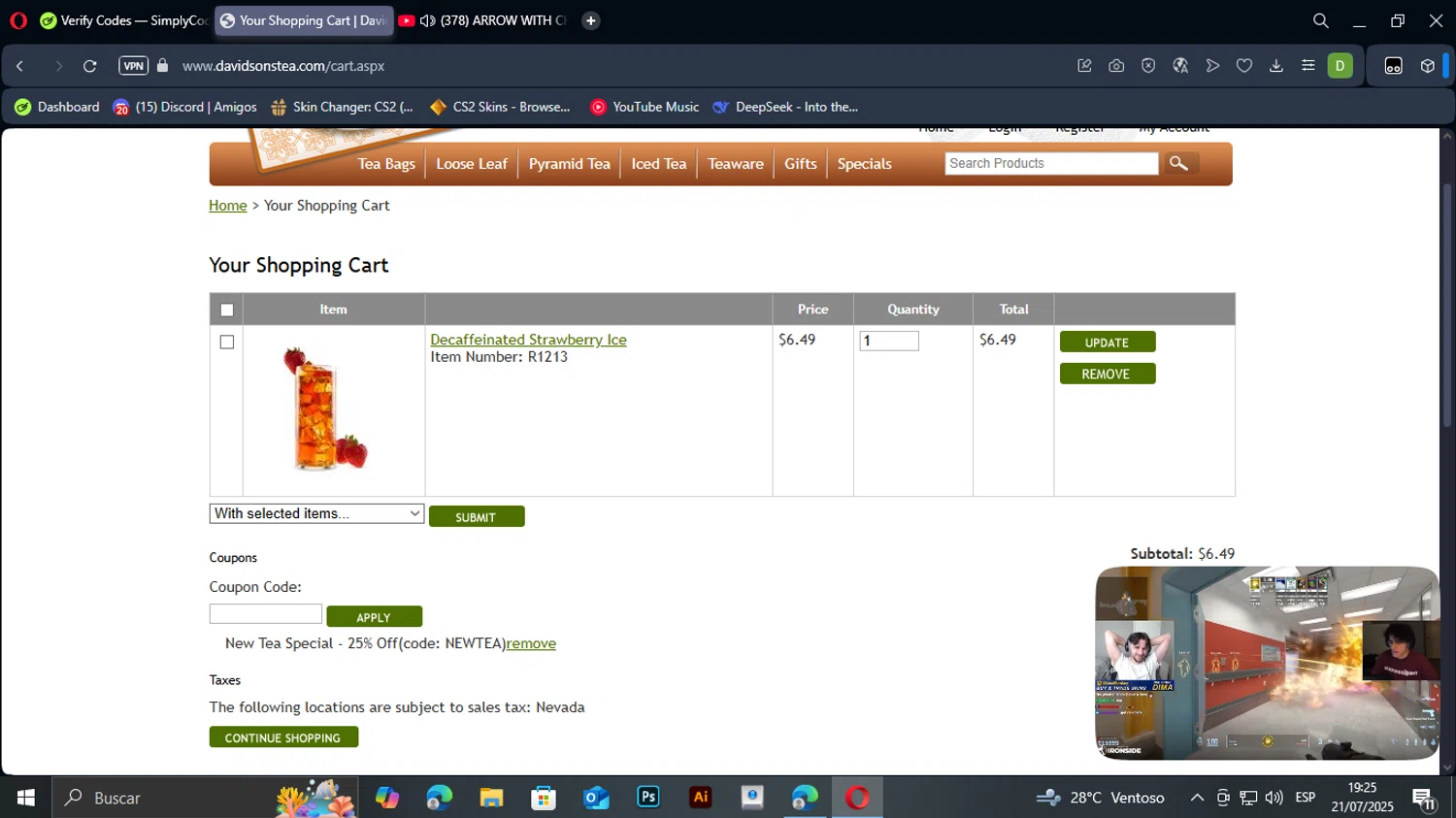 Davidson's Tea promo code screenshot showing code newtea applied at Davidson's Tea checkout page. Uploaded by SimplyCodes community member TuAmigoRed on Jul 21, 2025