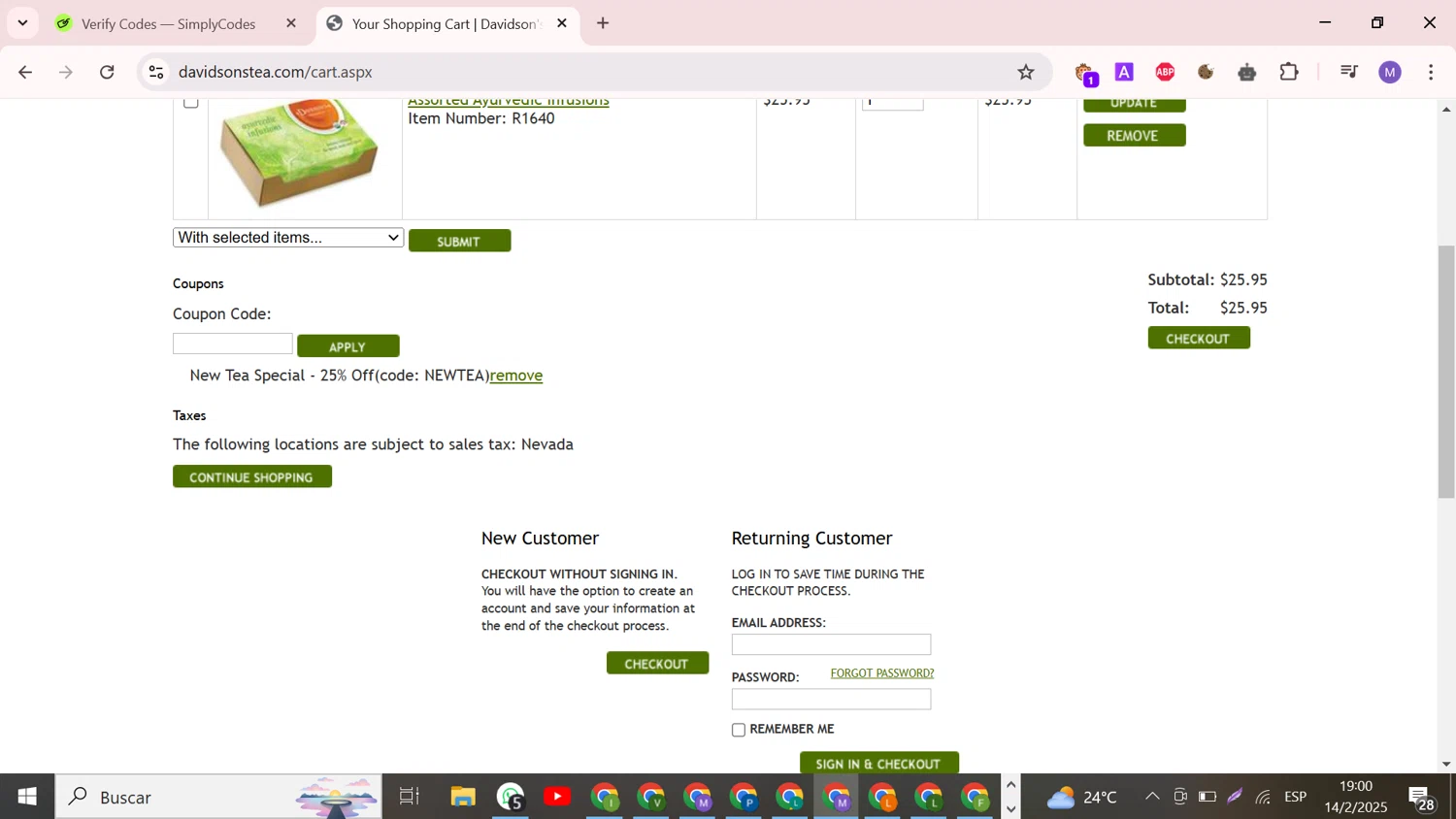 Davidson's Tea promo code screenshot showing code newtea applied at Davidson's Tea checkout page. Uploaded by SimplyCodes community member CouponCollector598 on Feb 15, 2025