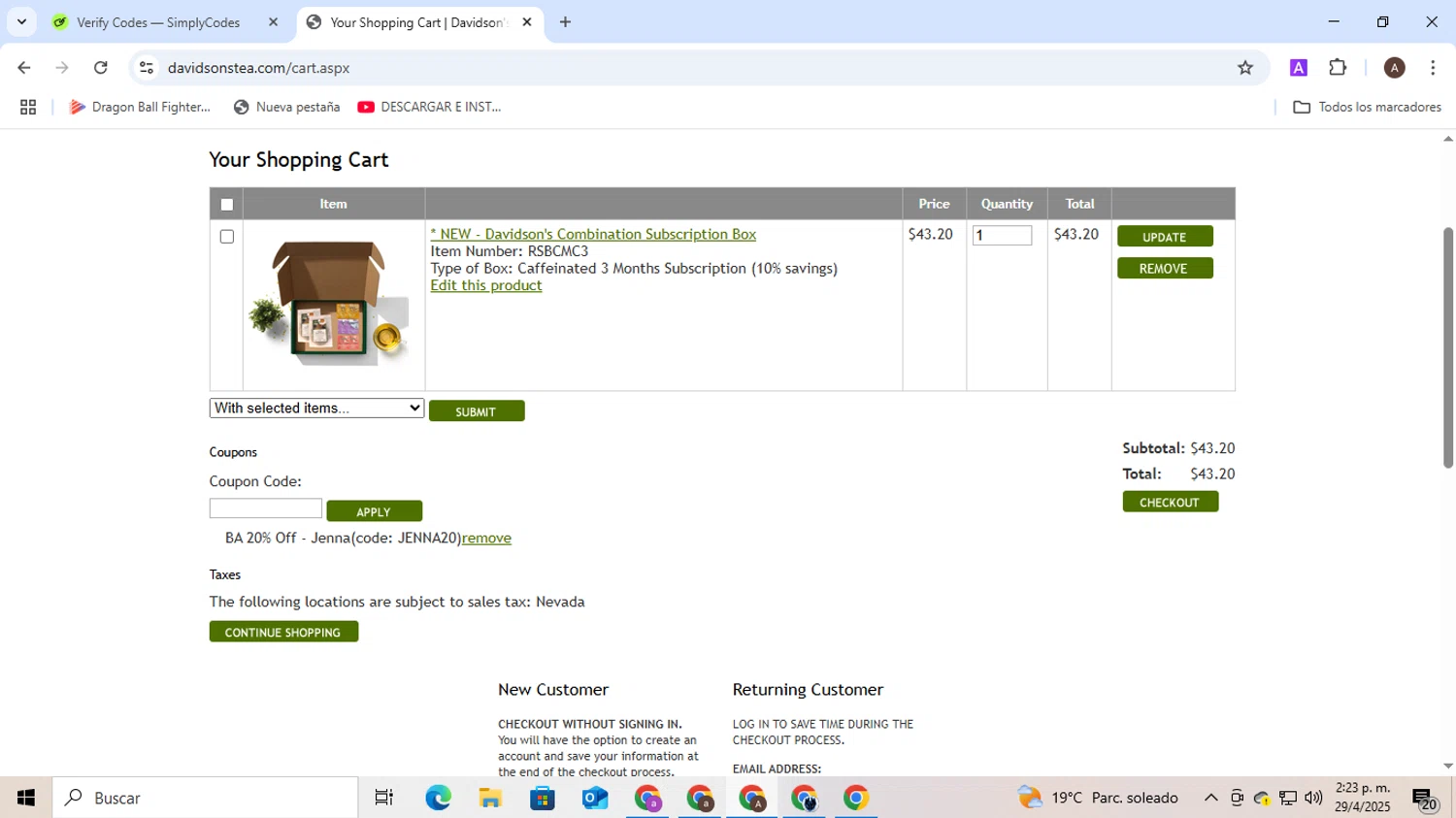 Davidson's Tea promo code screenshot showing code JENNA20 applied at Davidson's Tea checkout page. Uploaded by SimplyCodes community member QuestPhoenix2794 on Apr 29, 2025