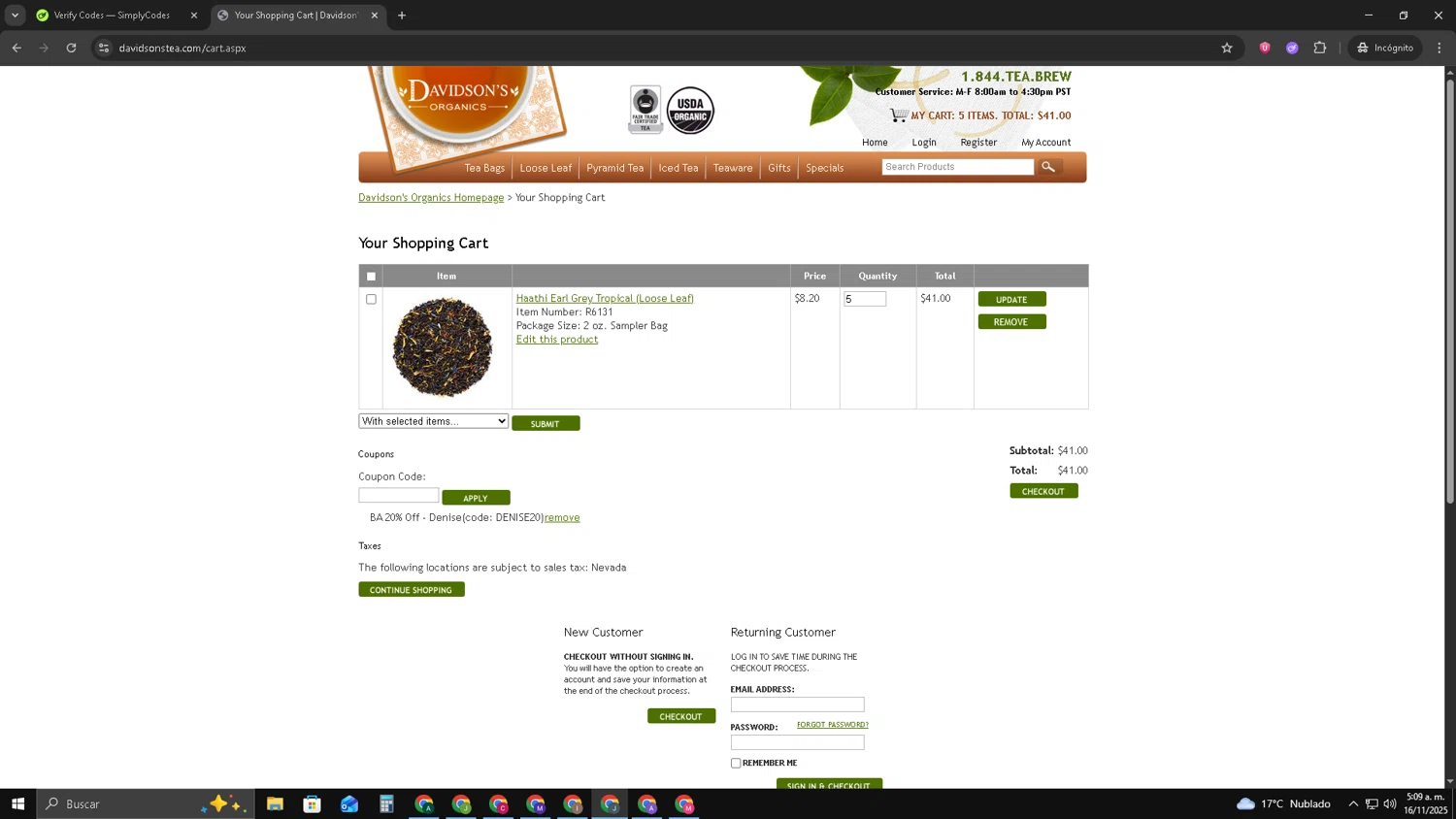 Davidson's Tea promo code screenshot showing code DENISE20 applied at Davidson's Tea checkout page. Uploaded by SimplyCodes community member AVATIGRITO on Nov 16, 2025