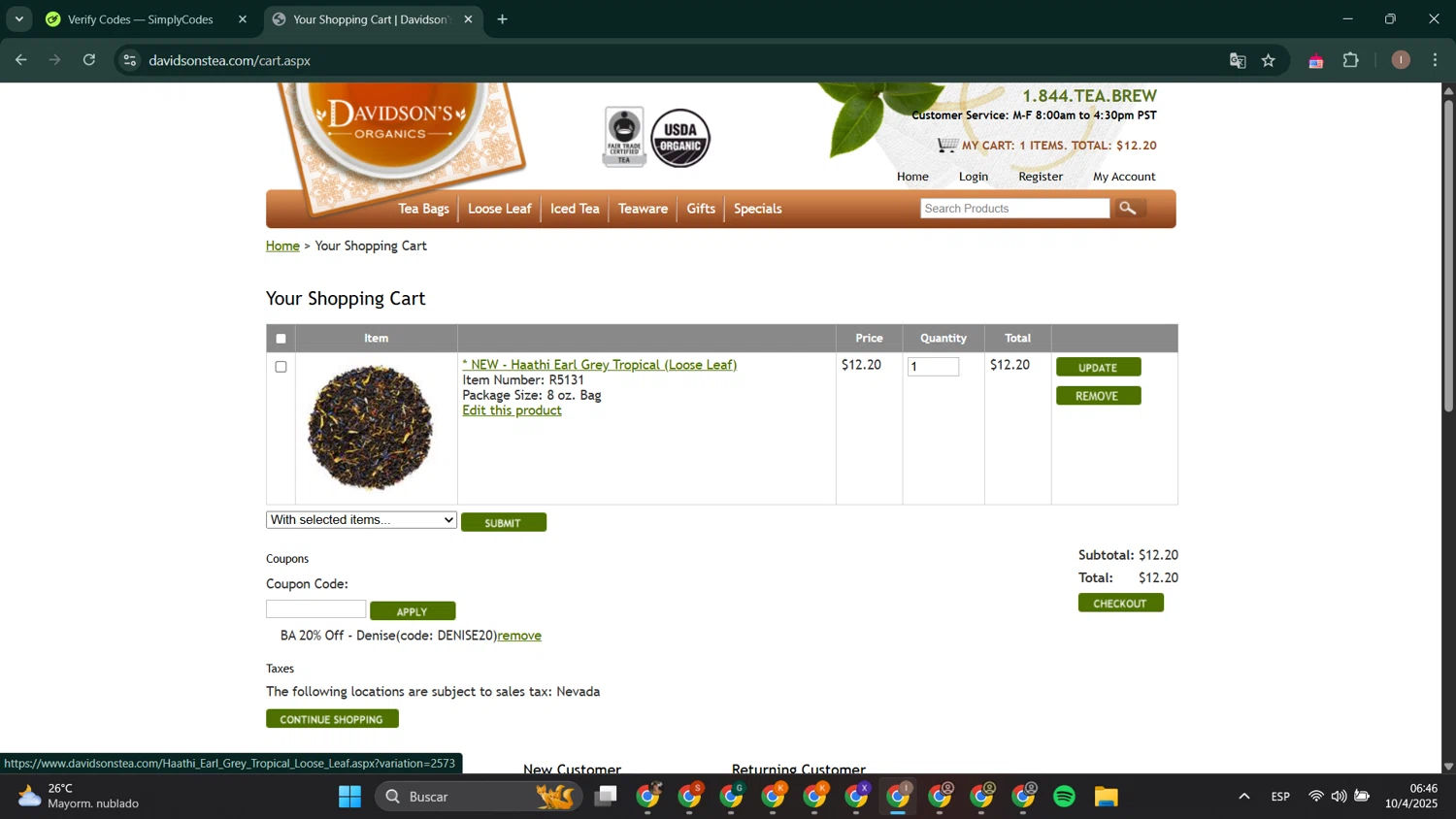Davidson's Tea promo code screenshot showing code DENISE20 applied at Davidson's Tea checkout page. Uploaded by SimplyCodes community member RoyalPhoenix2730 on Apr 10, 2025