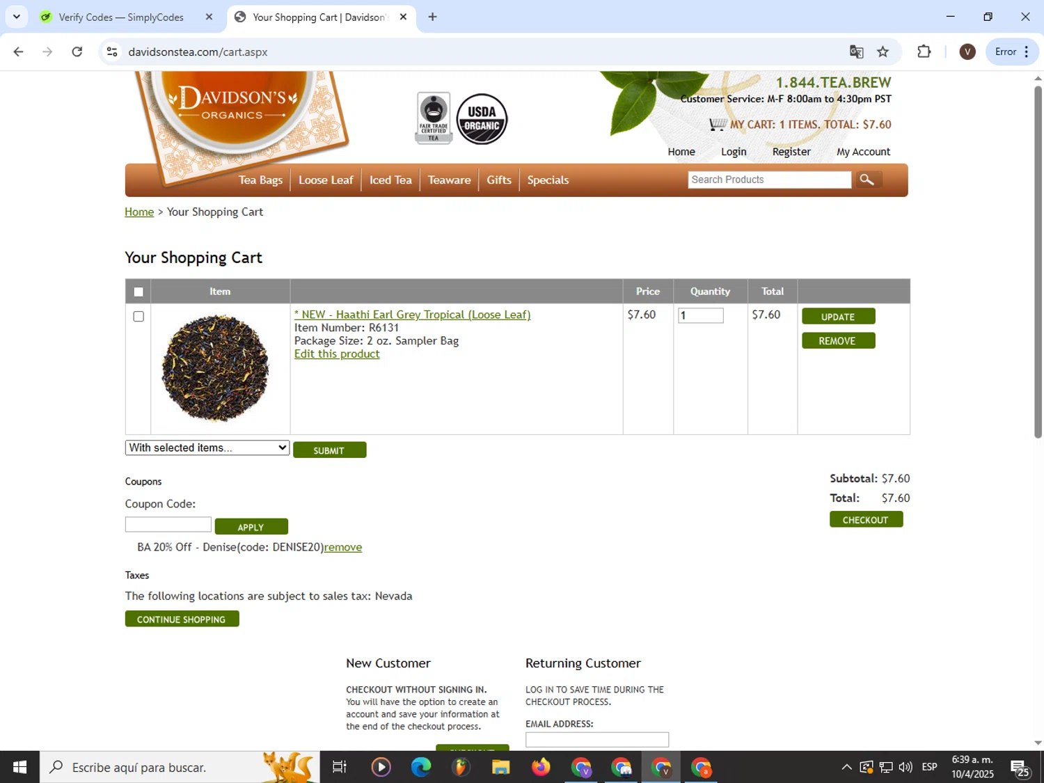 Davidson's Tea promo code screenshot showing code DENISE20 applied at Davidson's Tea checkout page. Uploaded by SimplyCodes community member CashLion3448 on Apr 10, 2025