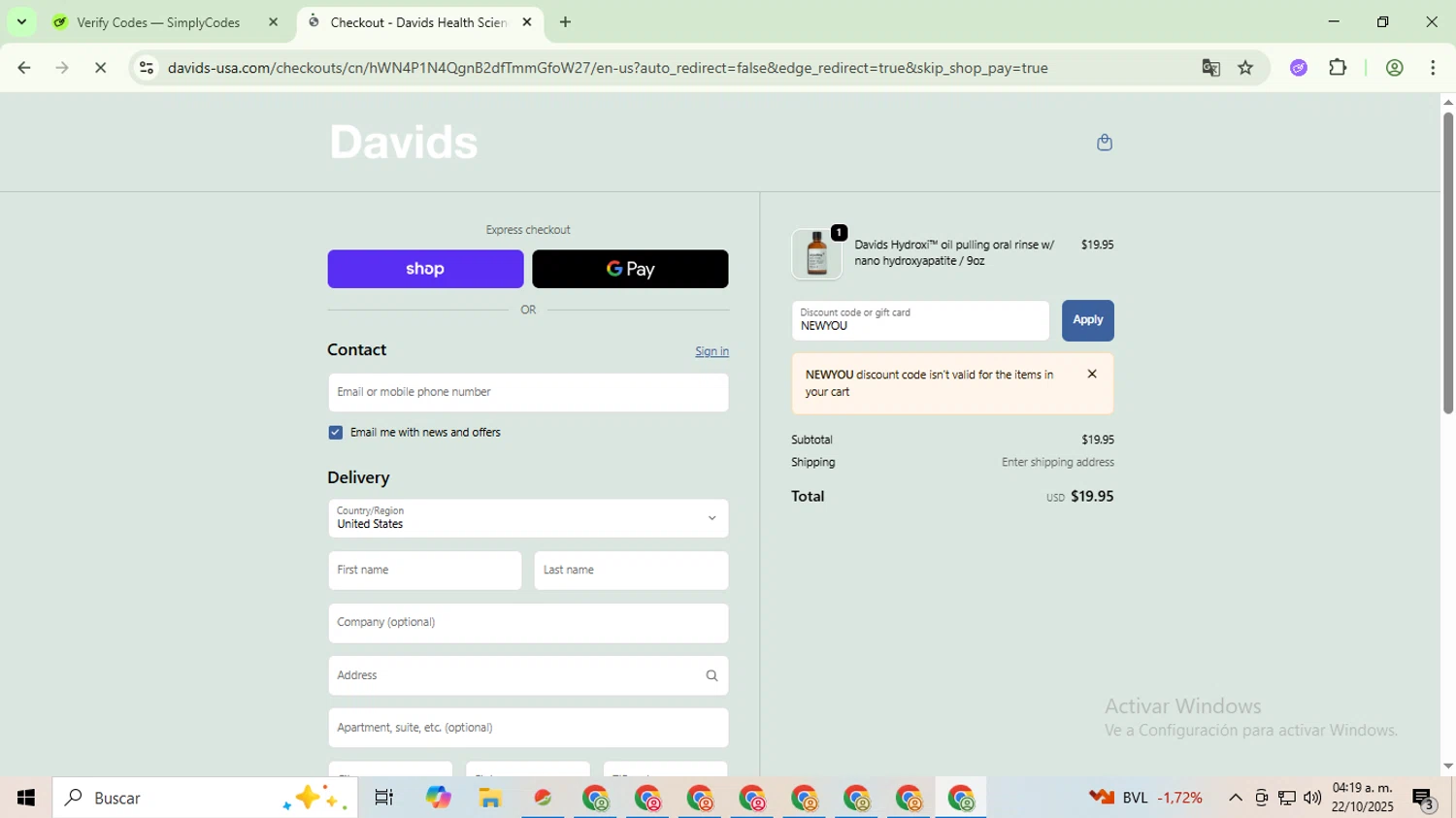David USA promo code screenshot showing code NEWYOU applied at David USA checkout page. Uploaded by SimplyCodes community member CoinHawk678 on Oct 22, 2025