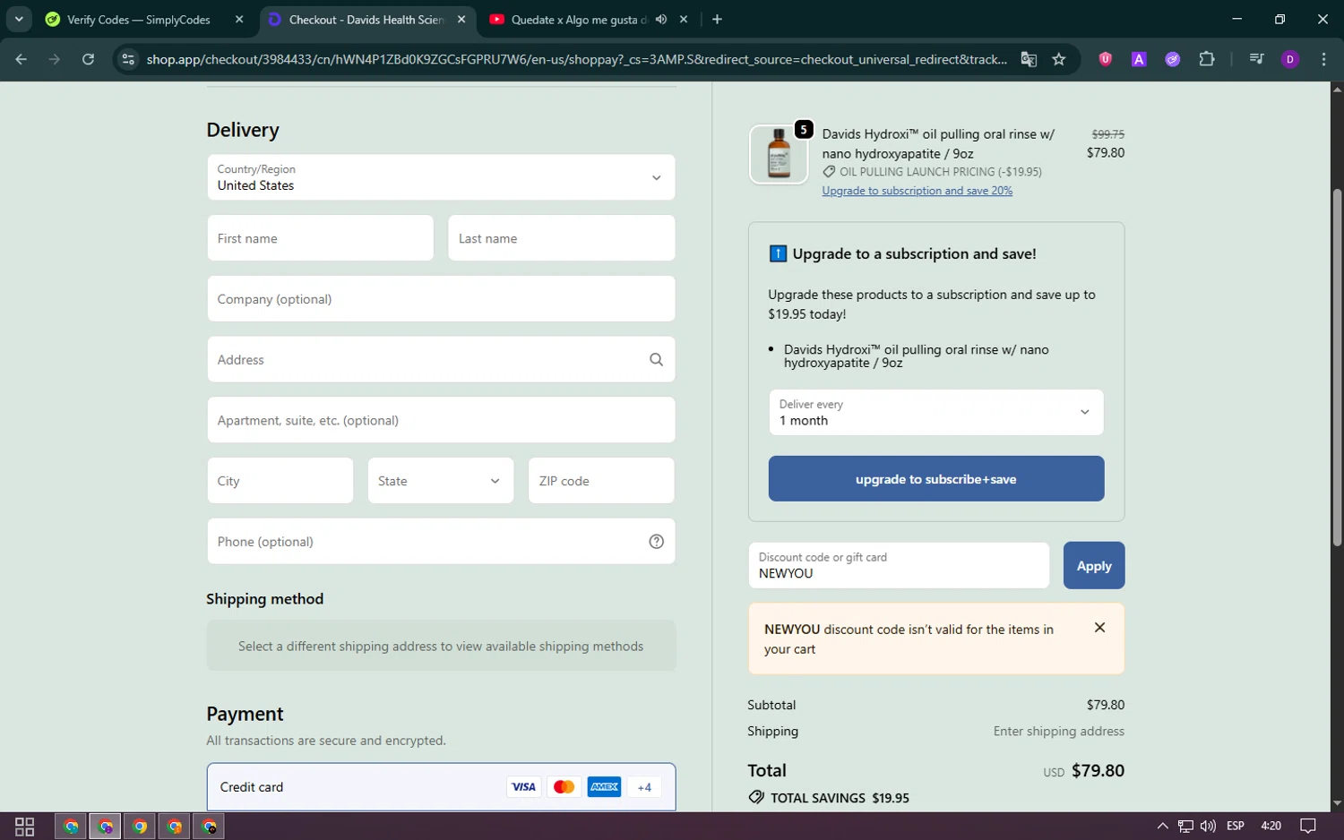 David USA promo code screenshot showing code NEWYOU applied at David USA checkout page. Uploaded by SimplyCodes community member ValueWhiz5630 on Oct 22, 2025