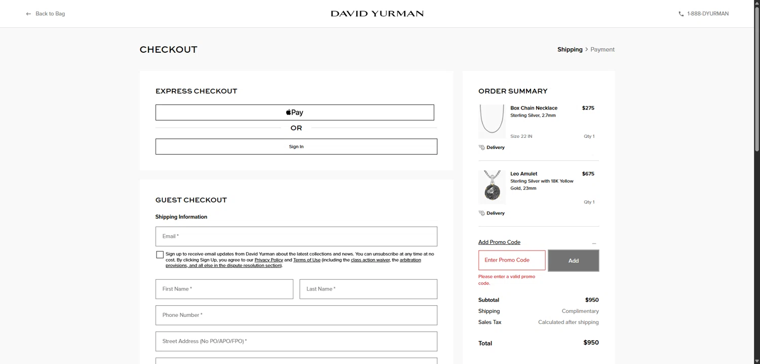 David Yurman promo code screenshot showing code FREESHIP applied at David Yurman checkout page. Uploaded by SimplyCodes community member FrugalPhoenix2446 on Sep 10, 2025
