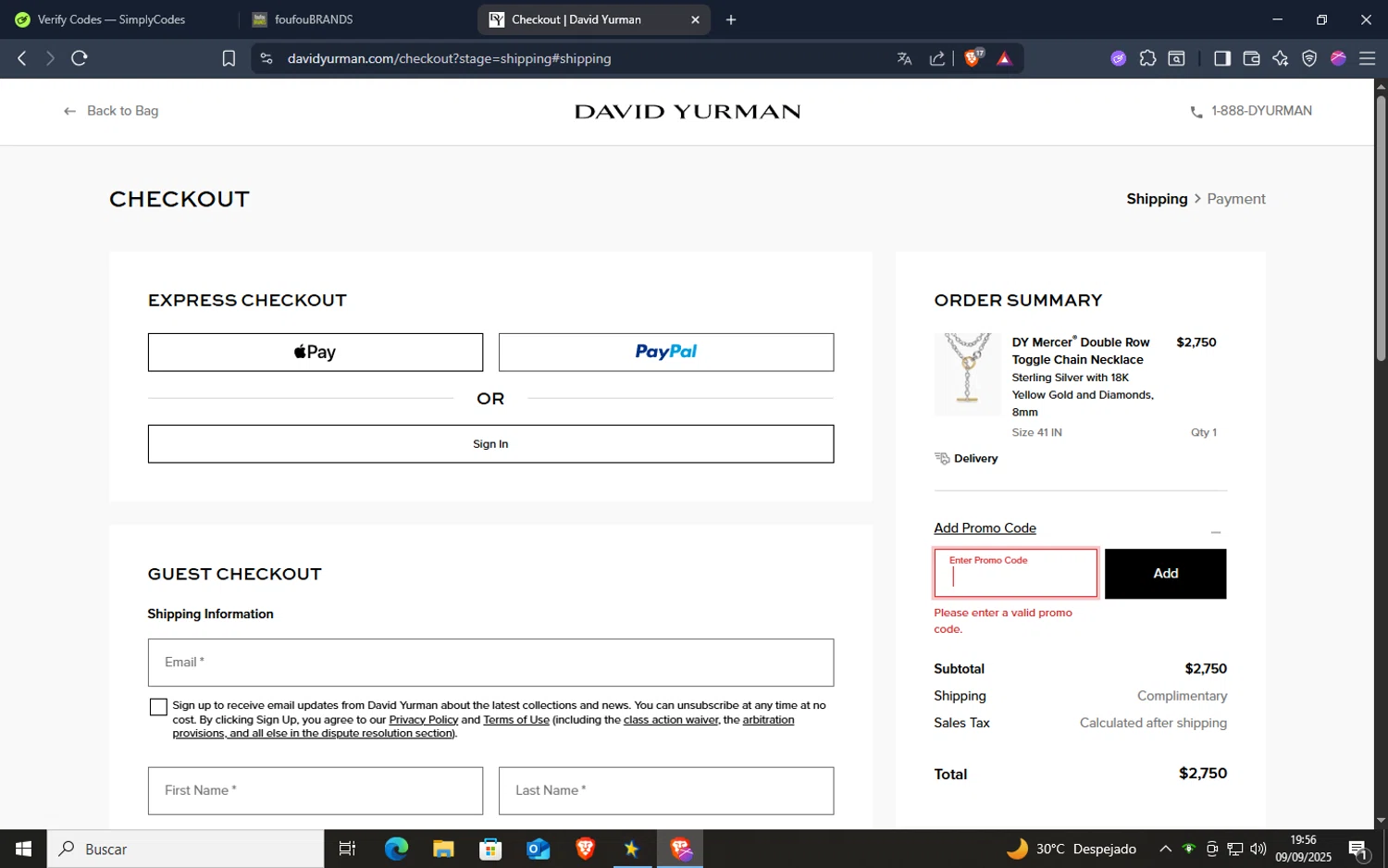 David Yurman promo code screenshot showing code FREESHIP applied at David Yurman checkout page. Uploaded by SimplyCodes community member esponja on Sep 9, 2025