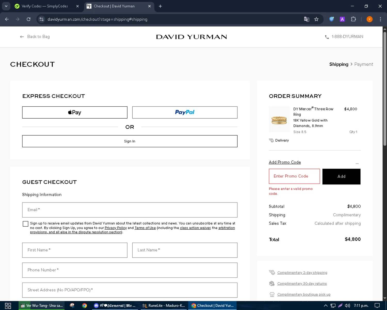 David Yurman promo code screenshot showing code NEW5 applied at David Yurman checkout page. Uploaded by SimplyCodes community member bulbasaur69 on Sep 9, 2025