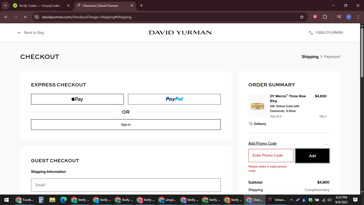 David Yurman promo code screenshot showing code NEW5 applied at David Yurman checkout page. Uploaded by SimplyCodes community member snidertom8 on Sep 9, 2025
