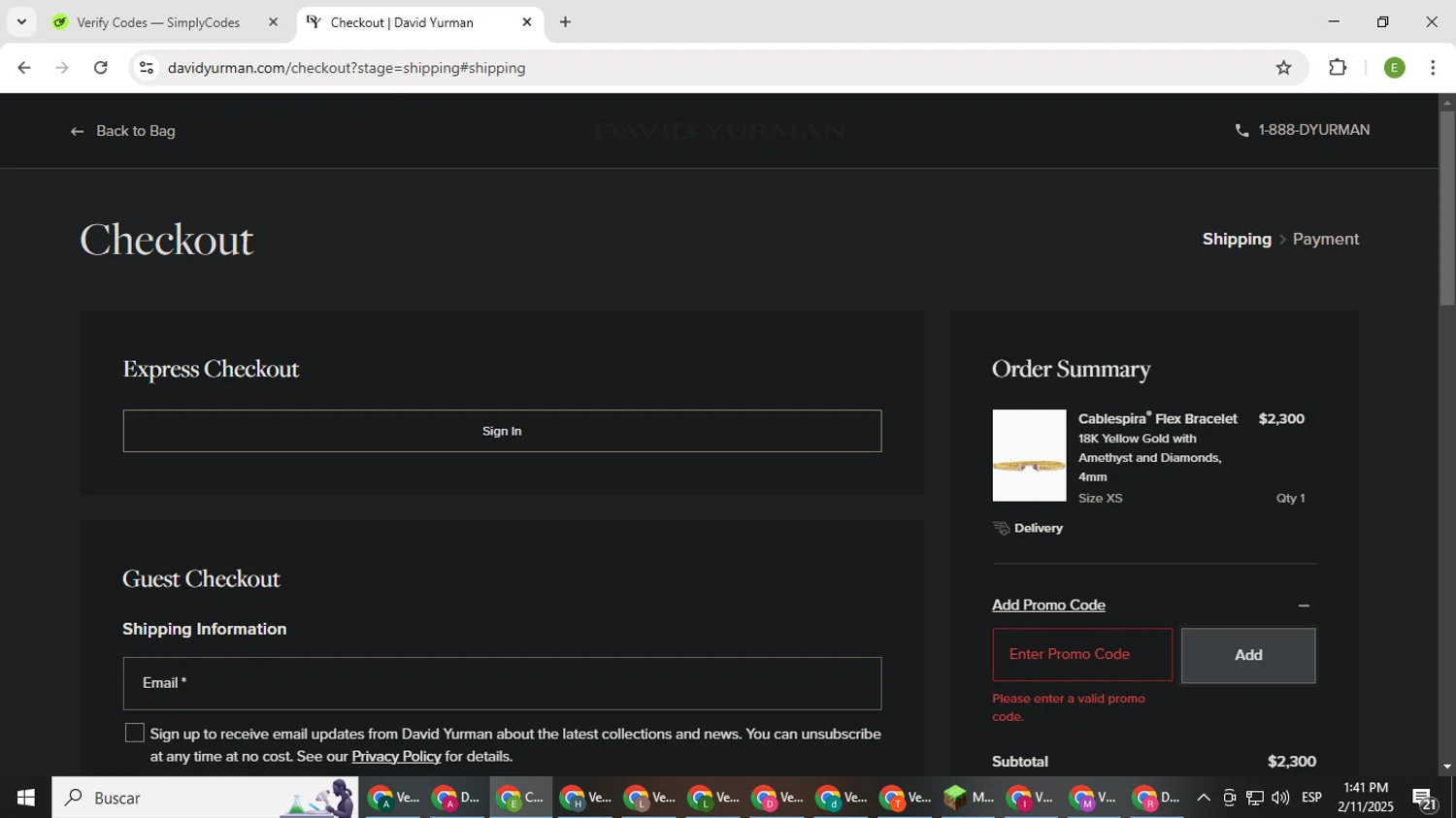 David Yurman promo code screenshot showing code 435435GBG applied at David Yurman checkout page. Uploaded by SimplyCodes community member SUZUKIV on Feb 11, 2025