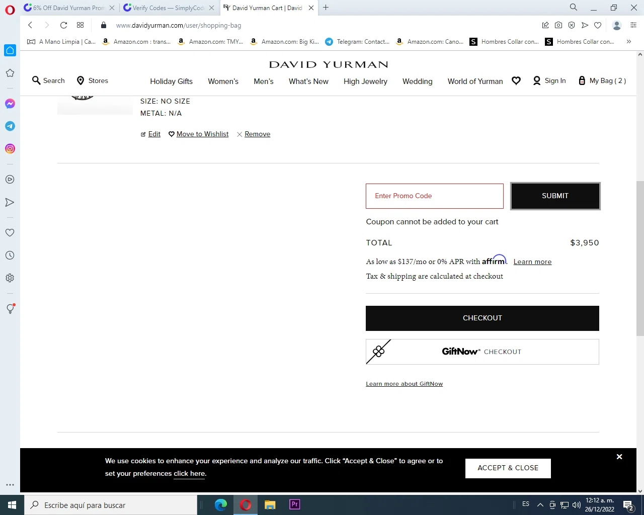 David Yurman checkout page showing David Yurman promo code box | Screenshot taken by SimplyCodes community member on Dec 25, 2022