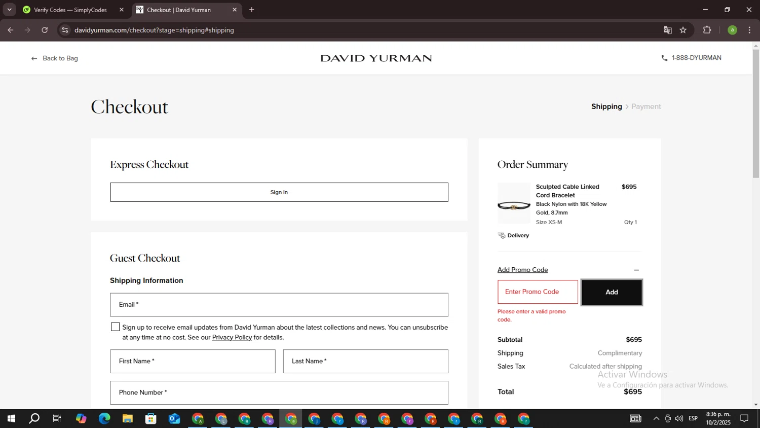 David Yurman promo code screenshot showing code 435435GBG applied at David Yurman checkout page. Uploaded by SimplyCodes community member DiscountSpotter1028 on Feb 11, 2025