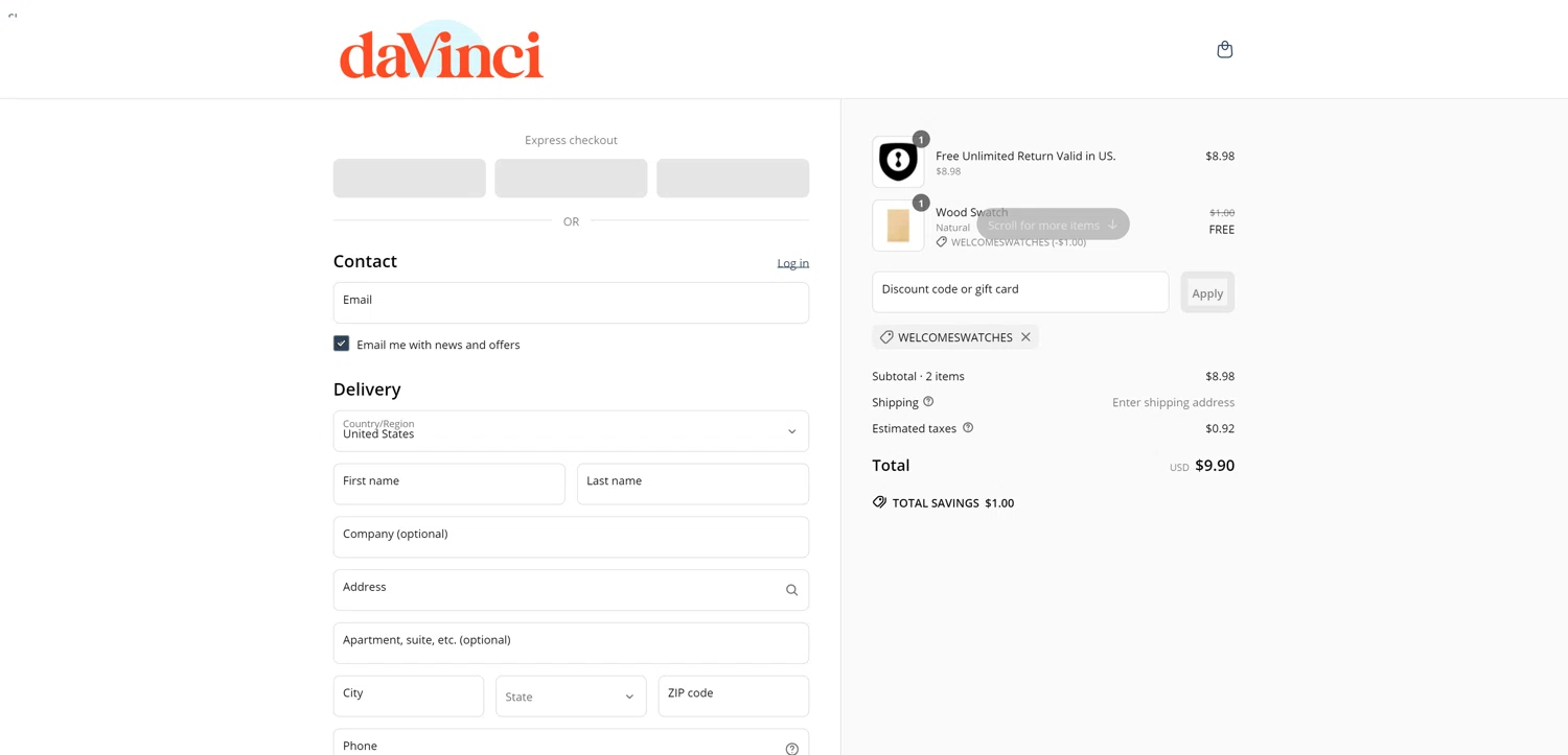 DaVinci promo code screenshot showing code welcomeswatches applied at DaVinci checkout page. Uploaded by SimplyCodes community member PromoElite4745 on Apr 5, 2025
