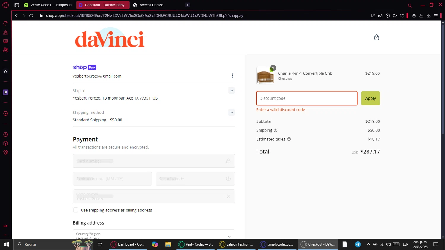 DaVinci promo code screenshot showing code DVMADELINES10 applied at DaVinci checkout page. Uploaded by SimplyCodes community member FrugalSpotter7217 on Mar 2, 2025