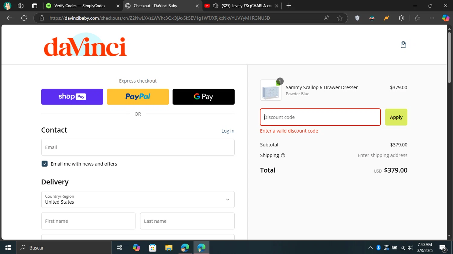 DaVinci promo code screenshot showing code DVPREGOSHOW10 applied at DaVinci checkout page. Uploaded by SimplyCodes community member Don_Quixote on Mar 3, 2025