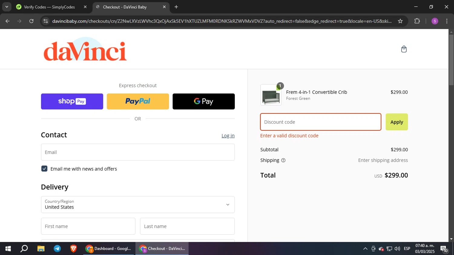 DaVinci promo code screenshot showing code DVPREGOSHOW10 applied at DaVinci checkout page. Uploaded by SimplyCodes community member TokenTiger7938 on Mar 3, 2025